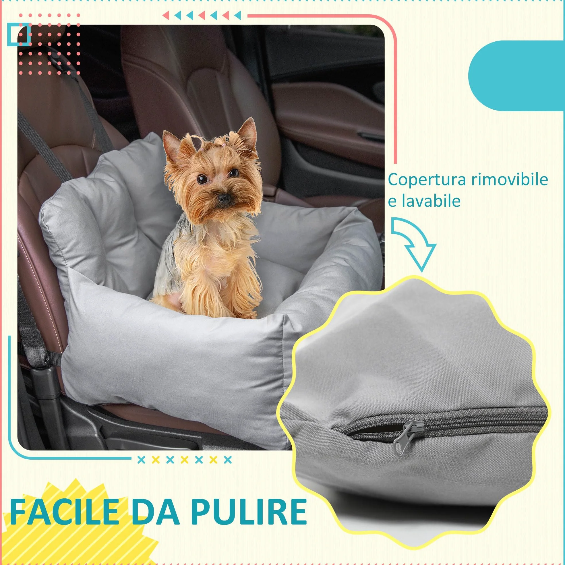 PawHut Seggiolino Auto per Cani di Piccola Taglia, Cuccia per Auto in Cotone Sfoderabile e Lavabile con Cinture di Sicurezza, Grigio Scuro