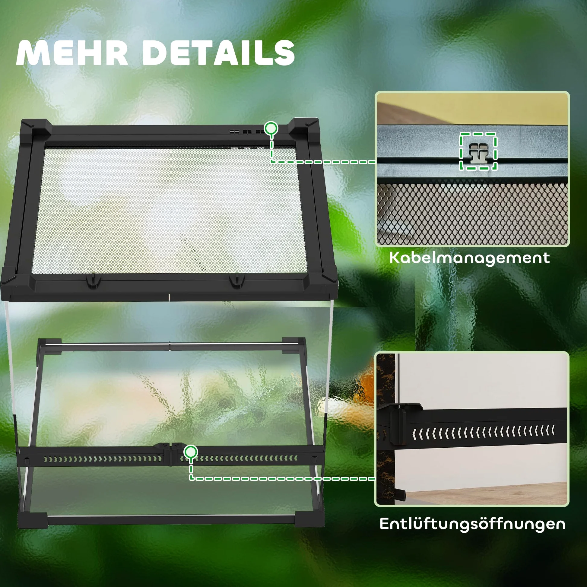 PawHut Terrario per rettili, terrario in vetro, 24 l, contenitore di alimentazione rettile, con ventilazione frontale, tappo a vite per anfibi ragno, nero, 30 x 30 x 30 x 30 cm