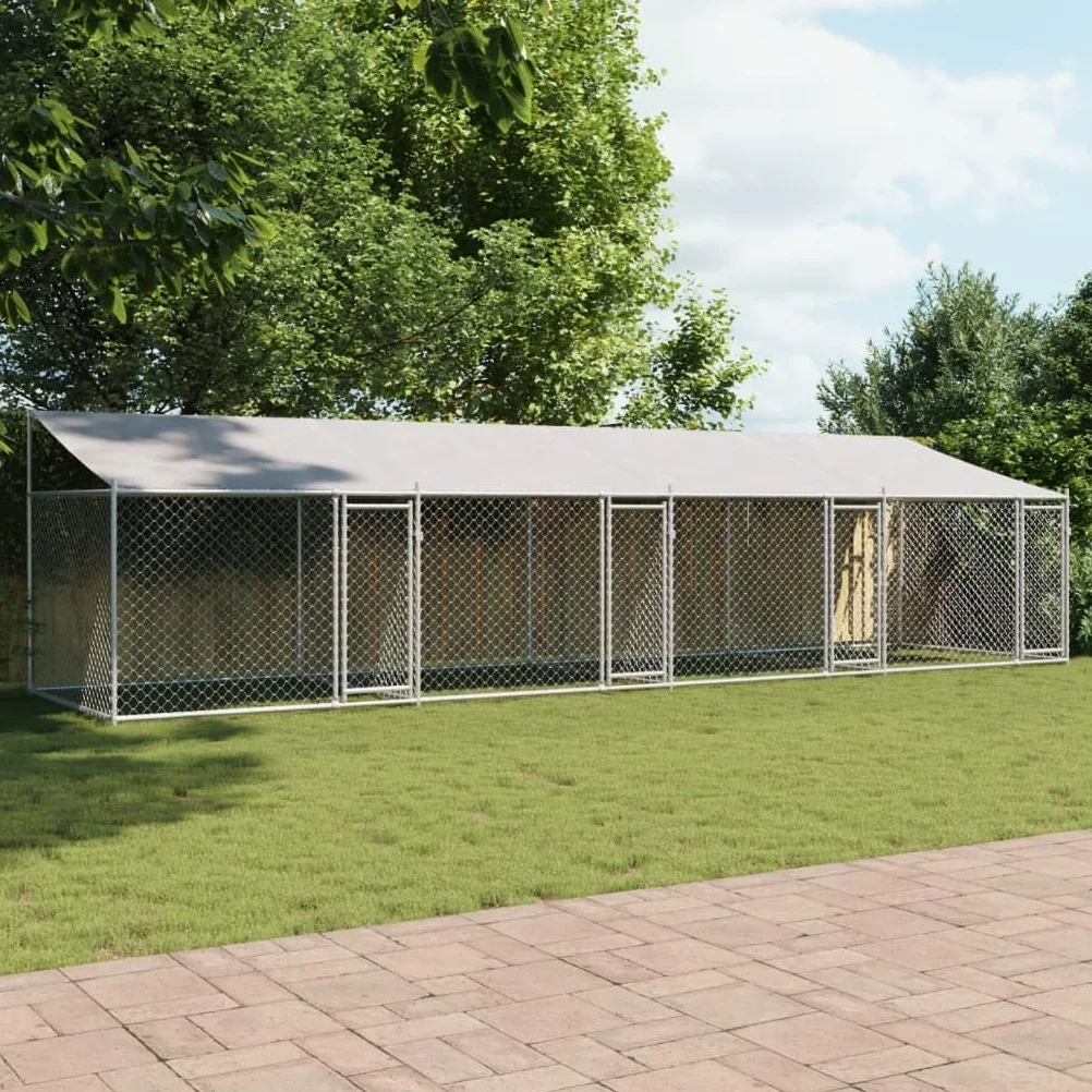 IKAYAA Recinto per Cani da Esterno Box per Cani da Esterno Cuccia Cane Esterno Gabbia Cani con Tetto e Porte Acciaio Zincato-8 x 2 x 2 m/3 uscite