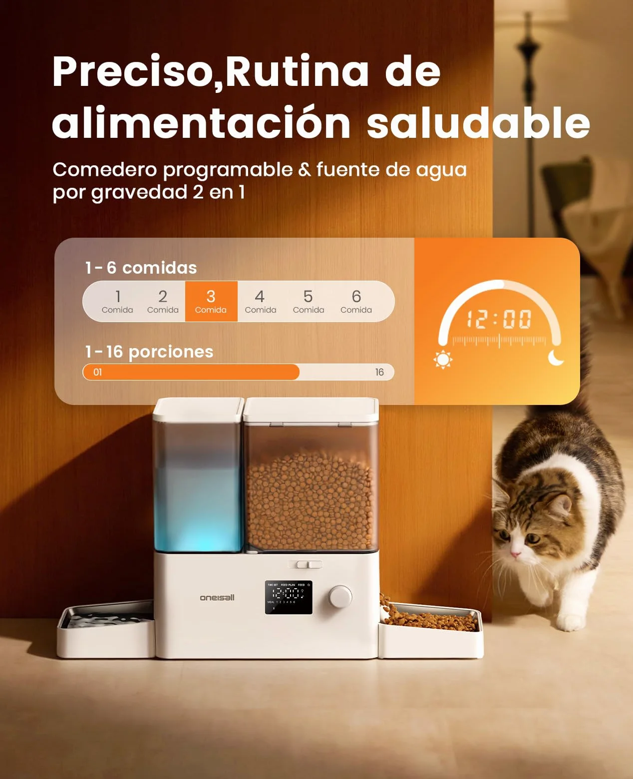 oneisall Distributore automatico per gatti e acqua, 36 tazze/8,5L, 2 in 1, per cibo pulito e acqua fresca, grande capacità, 5 l, dispenser di cibo per gatti e fontana a gravità da 3,5L per animali
