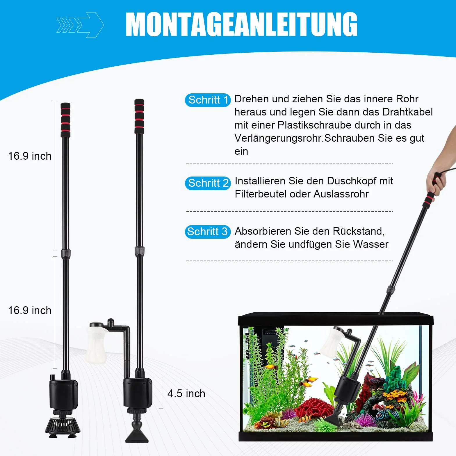 AQQA 6 in 1Elettrico Detergente per Ghiaia dell'acquario,aspirapolvere per sifone per acquario per assorbire lo sporco,Filtro Acqua Doccia,Kit di Pulizia Multifunzione
