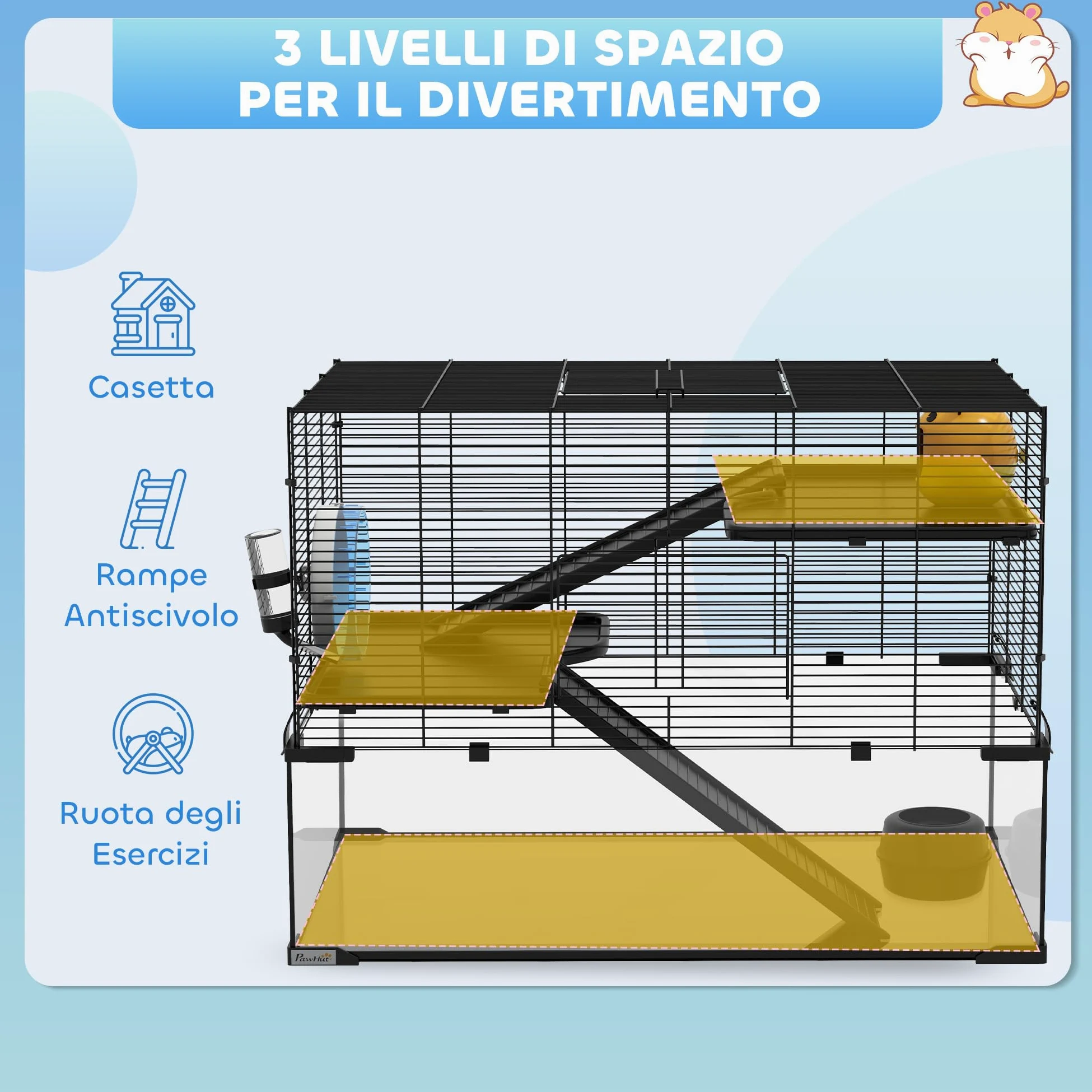 PawHut Gabbia per Criceti, Gabbietta per Criceti, Gerbilli e Piccoli Animali in Filo d'acciaio e Vetro con Ruota, Piattaforme, Rampe, Base Rimovibile, Beverino e Mangiatoia, 76.5x48.5x54.5 cm, Nero