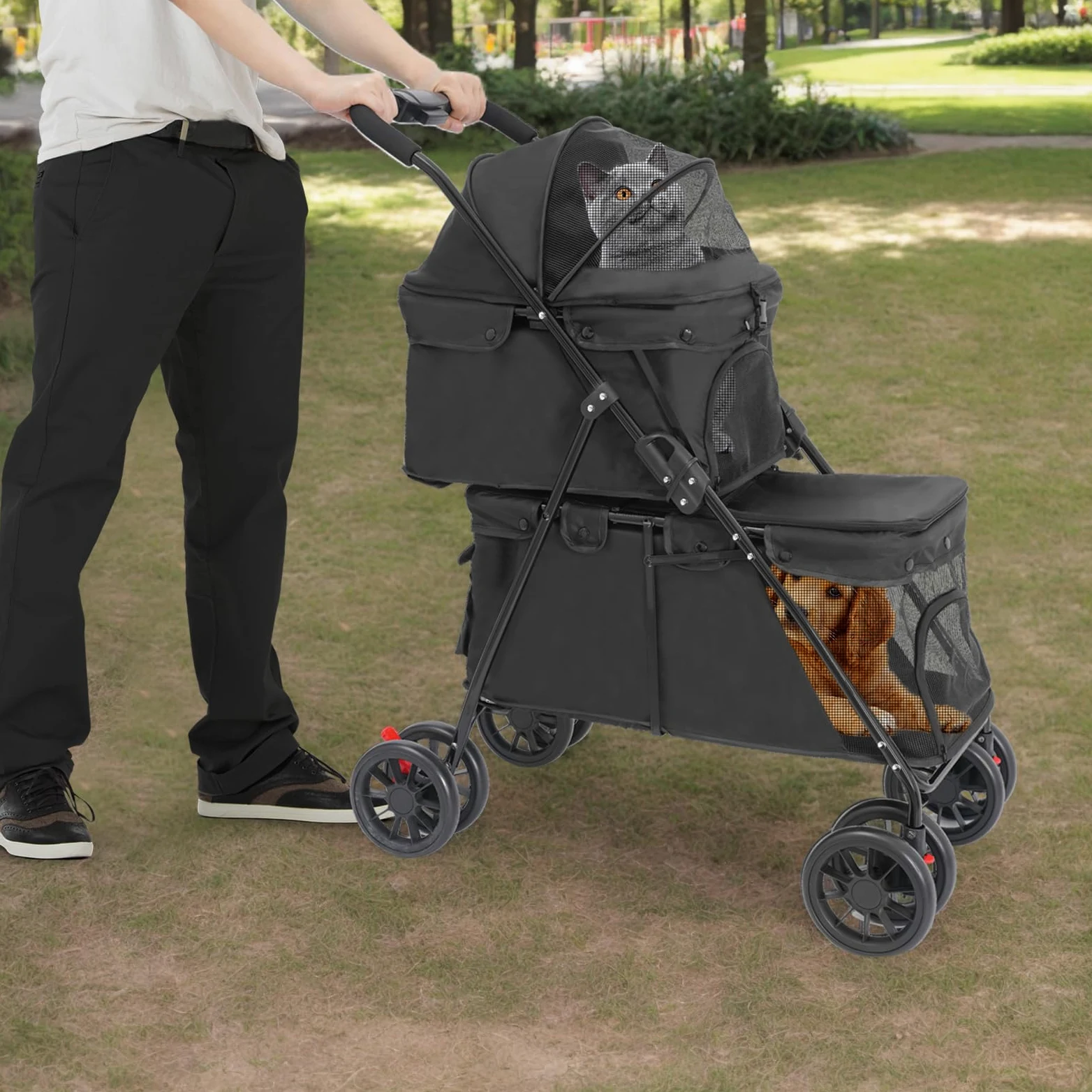 Passeggino pieghevole per cani, 2 ripiani, per cani e gatti, con custodia e cinture di sicurezza, per cani e gatti (nero)