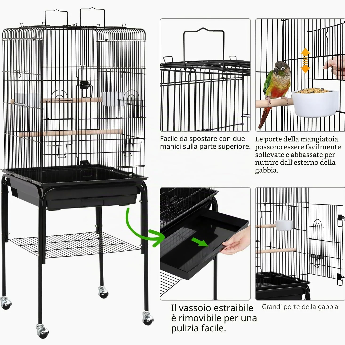 Yaheetech Gabbia per Uccelli Pappagalli Calopsite con Piedistallo in Metallo con Tetto Apribile Nera 46 x 46x 119 cm