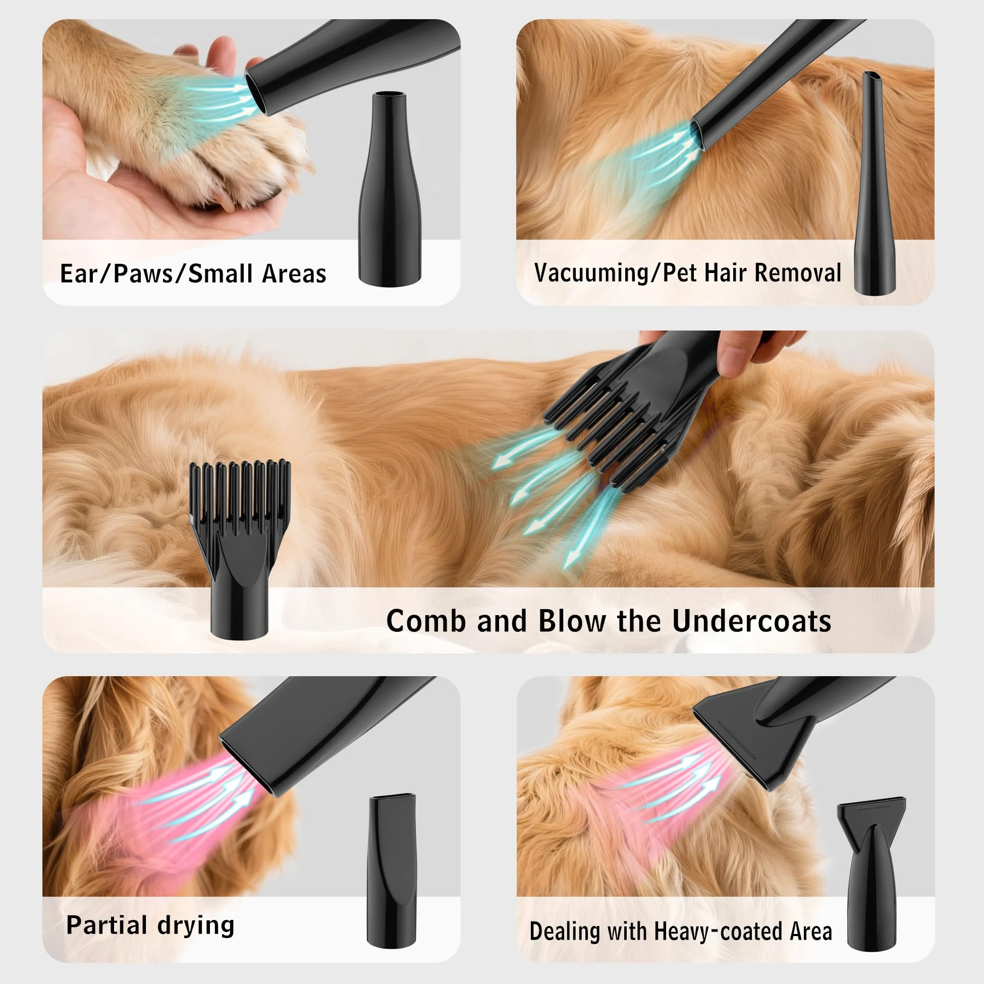 DEWINNER Asciugacapelli per cane Blower 3800 W, Pulsore per cani con aspirapolvere, velocità e temperatura regolabili, 5 ugelli, tubo elastico e spazzola di manutenzione