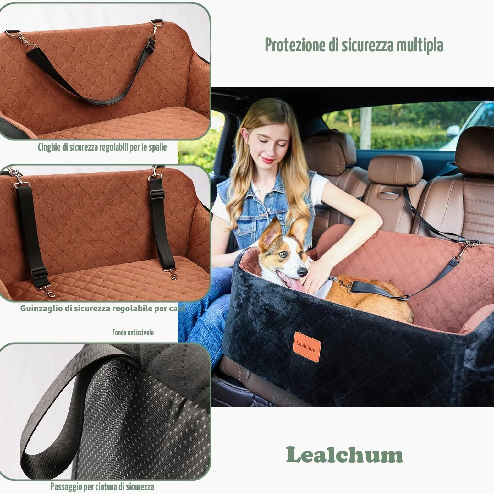 Seggiolino auto Lealchum per cani media/grande, 2 guinzagli sicurezza, 2 cani piccoli, rimovibile e lavabile