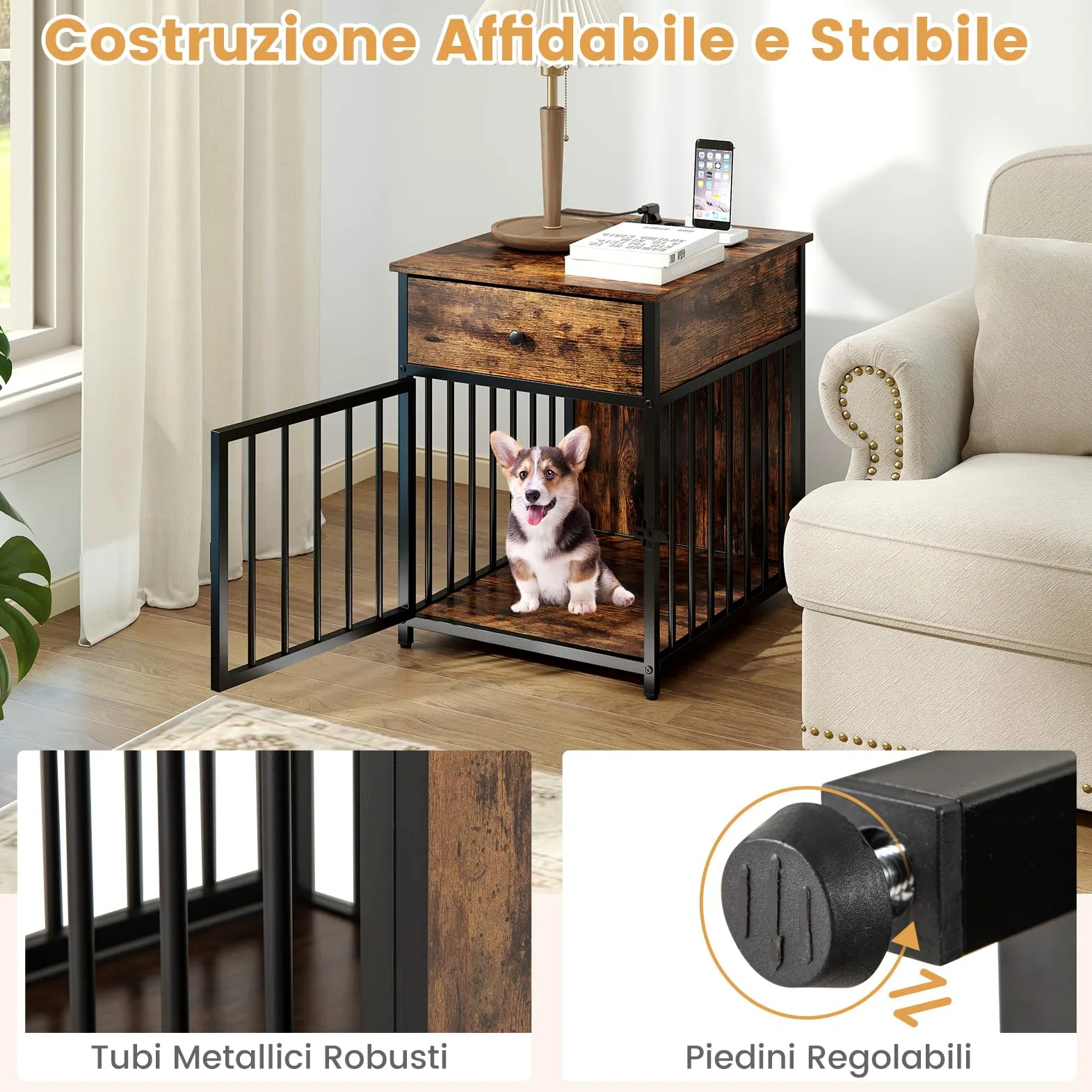 COSTWAY Gabbia per Cani con Stazione di Ricarica e Armadietto Multiuso | Cuccia per Cani in Legno con 2 Prese AC, 2 Porte USB e 1 Porta Type-C, Cassetto e Tubi Metallici, 81 x 37 x 115 cm
