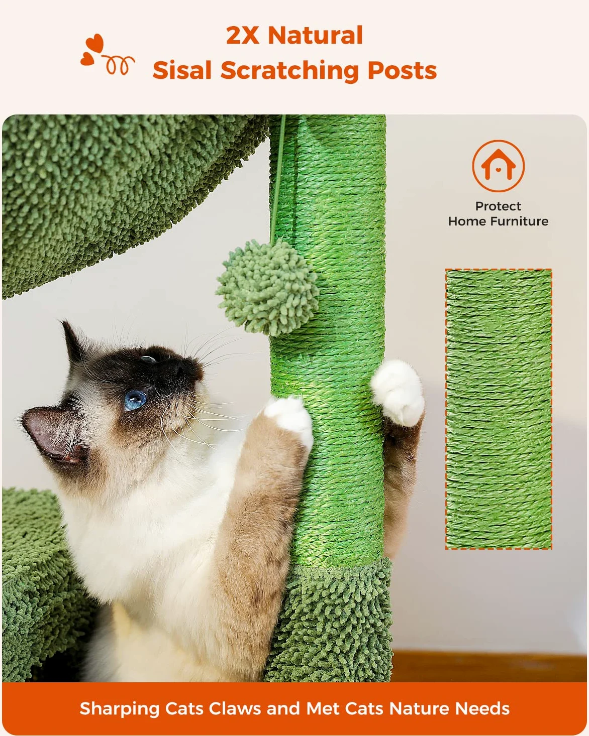 PAWZ Road Albero tiragraffi a forma di cactus per gatti interni, tiragraffi per gatti, torre da gioco per gatti con amaca, 102 cm, AY401-AMT0195GN
