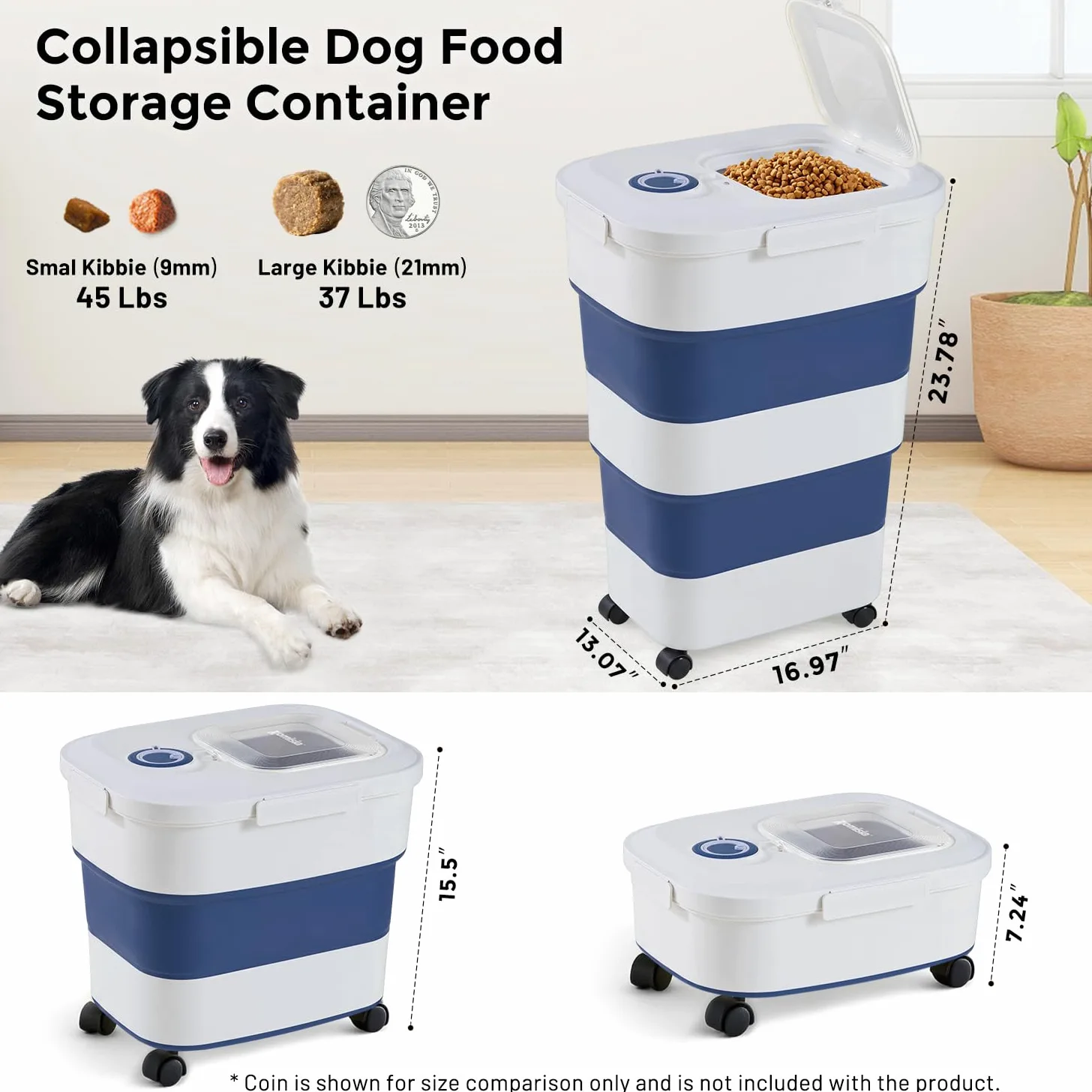 ZOMISIA Contenitore per cibo per cani da 18 a 22,7 kg, grande capacità, pieghevole, ermetico, con ruote girevoli, coperchio trasparente, paletta e datario, blu