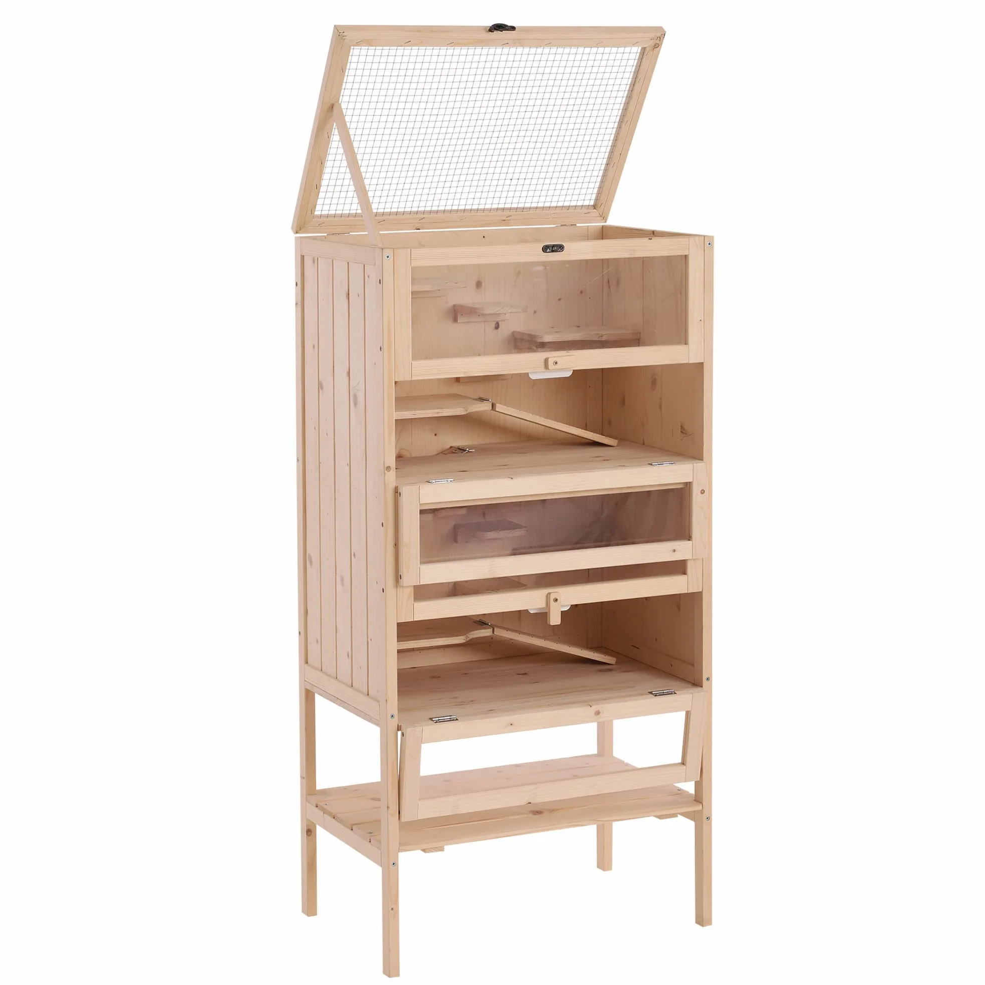 PawHut Gabbia per Roditori e Criceti a 4 Ripiani con Tetto Apribile in Legno 60x40x120cm
