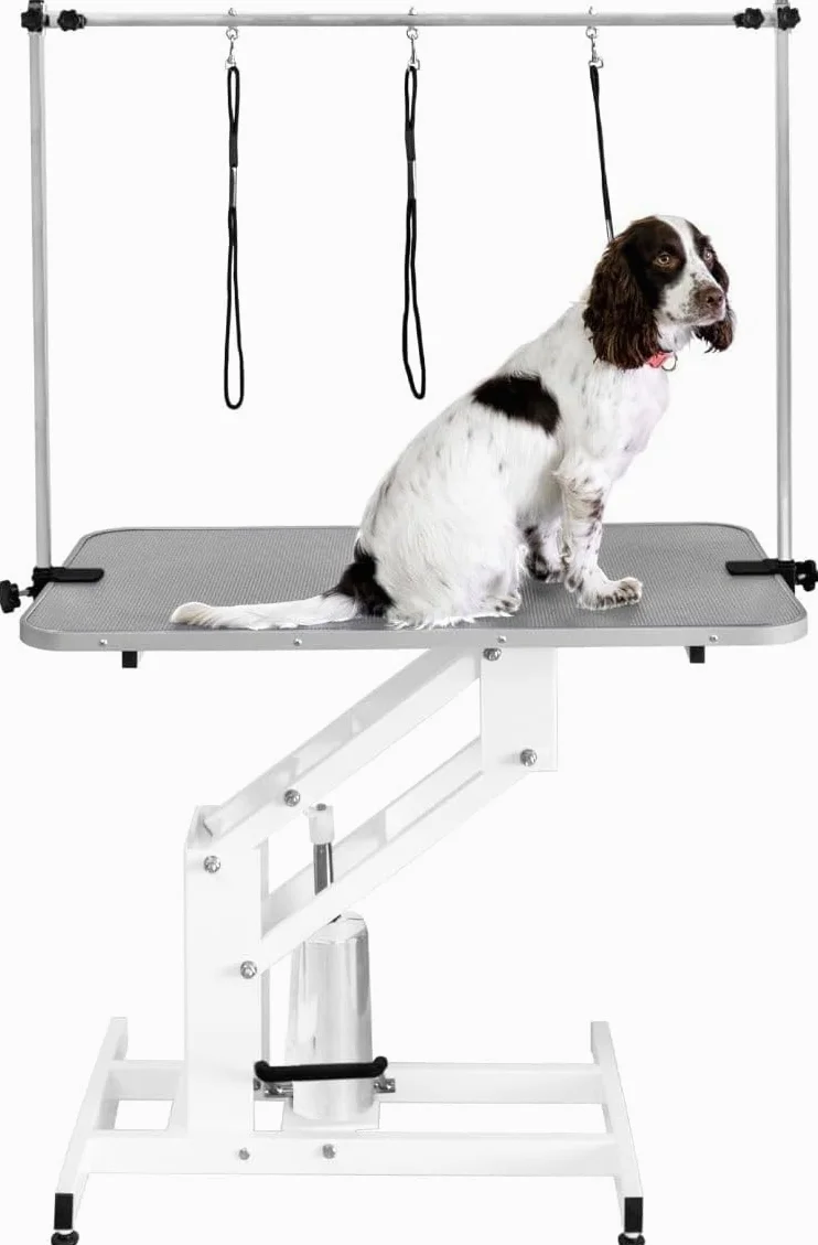 Tavolo Idraulico Toelettatura Cani - Altezza 55-101 cm, Capacità 180 kg, Bianco - Piano Grigio, Antiscivolo 106x61 cm, Acciaio Bianco, Piedini Livellanti, 3 Guinzagli