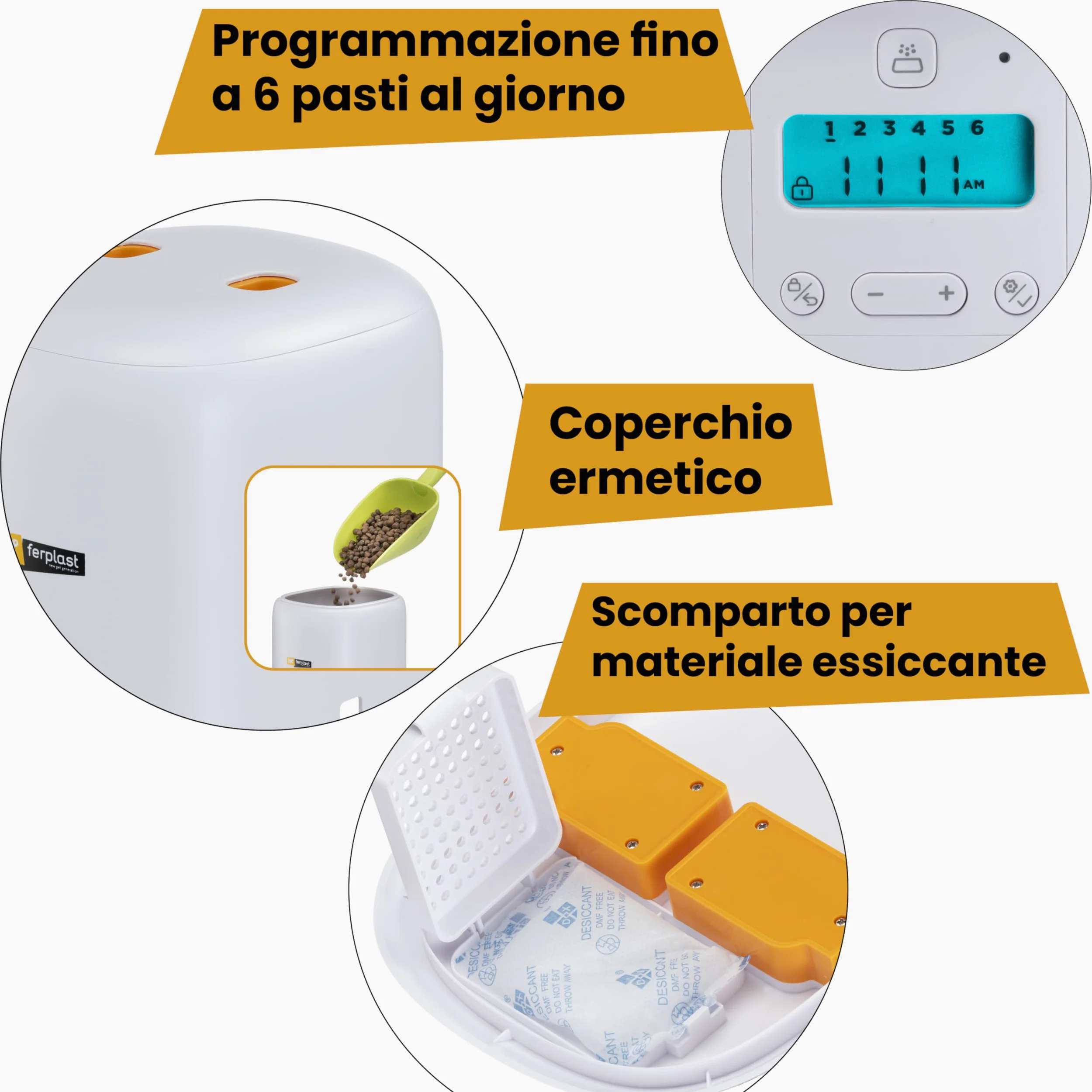 Ferplast Distributore Automatico Cibo Gatti e Cani, 4L, Programmabile Fino a 6 Pasti al Giorno e 16 Dosaggi, Doppia Alimentazione Batterie e Spina, Essiccante Controllo Umidità, Ciotola Acciaio Inox
