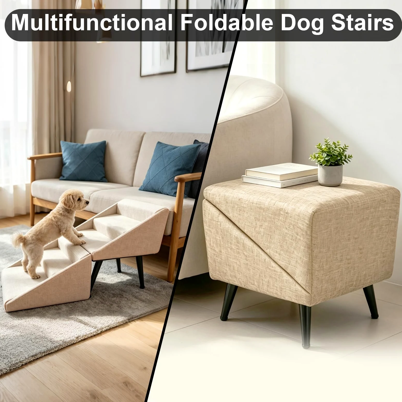 Scala per Cani Pieghevole, 2 in 1 Multifunzionali Rampa per Cani e Poggiapiedi, Antiscivolo Scale e Gradini per Animali per Letto e Divano, Adatto per Cuccioli, Cani Anziani e Feriti