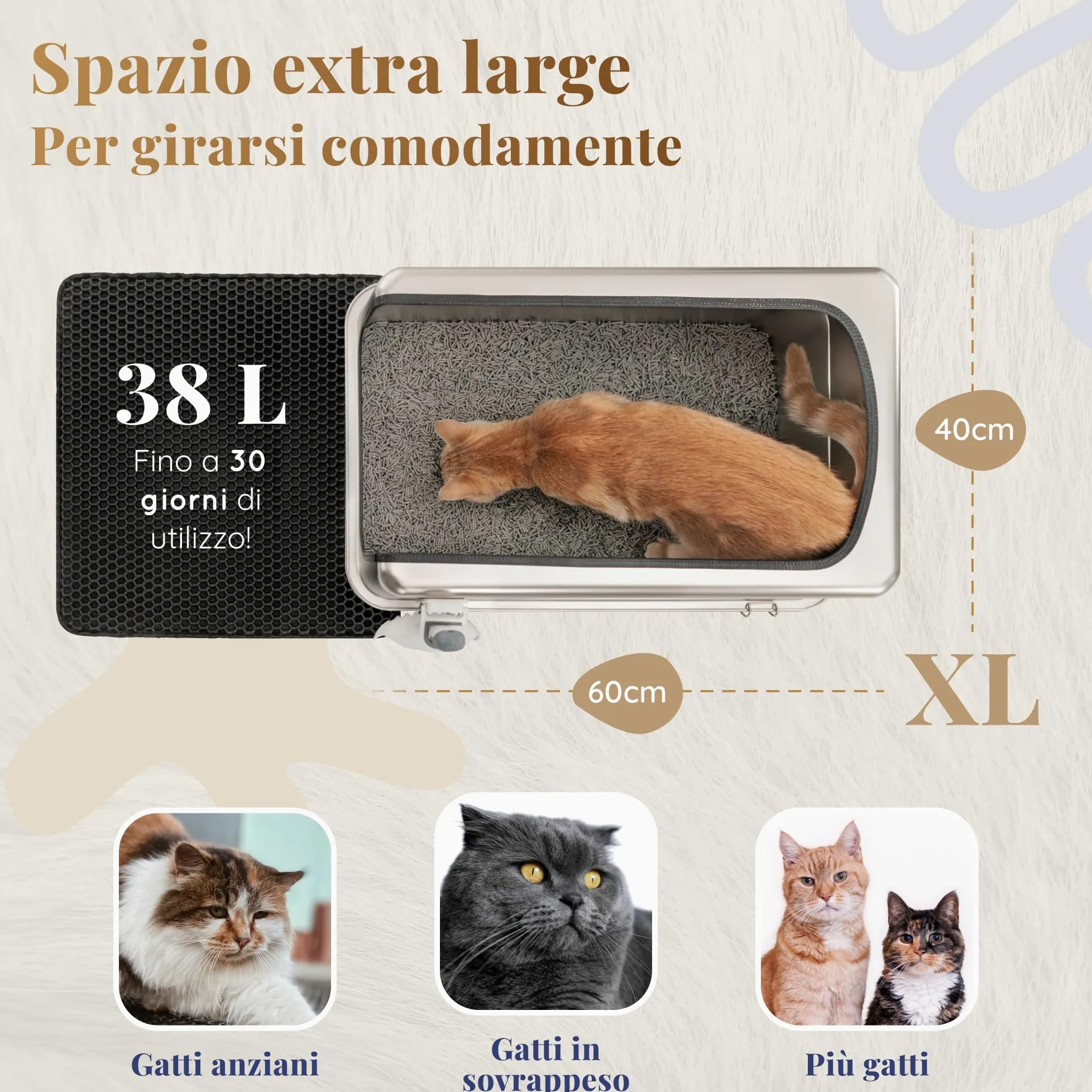 Lettiera Acciaio Inox – Inodore e Antiaderente – La Cassetta Gatto Inox XXL – Capacità 38L – Lettiere in acciaio per gatti – Con Paletta e Tappetino per Lettiera – 60 × 40 × 32 cm