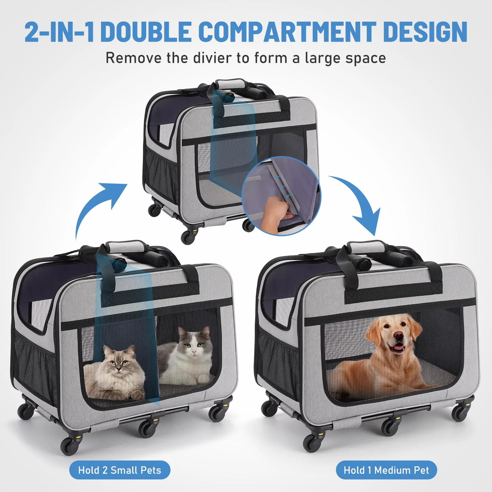 Trasportino Trolley XL per 2 Gatti Grandi o Cani Piccoli, 6 Ruote Stabili, Spazio Ampio 2-in-1, Fino a 20 kg, Con Mesh Traspirante e Manico Telescopico