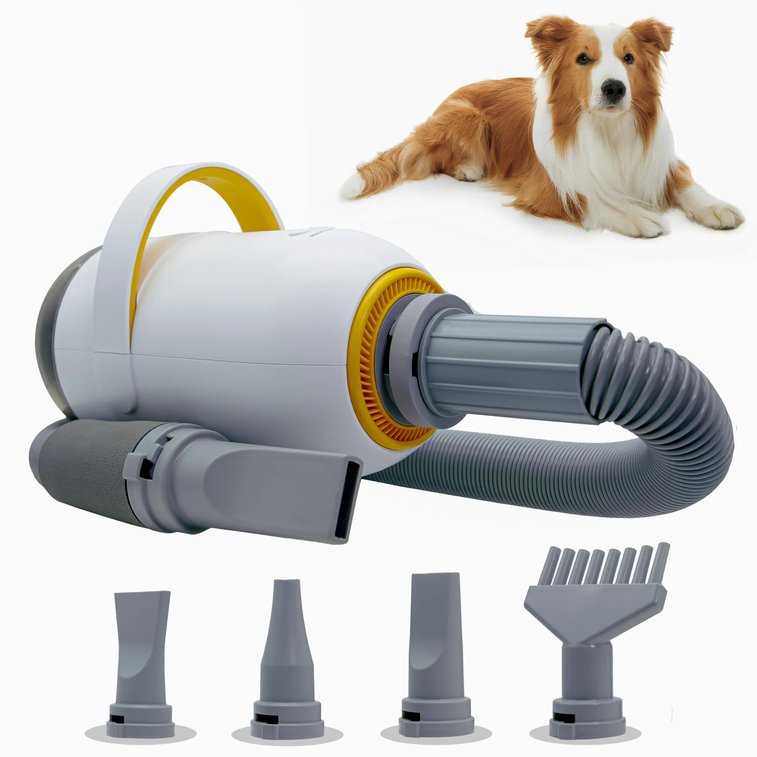 MUGGI Pulsore per cani 2 in 1 con funzione aspirapolvere peli di cane, asciugacapelli, 3200 W, 7 velocità caldo/freddo, anioni antistatiche, silenziose, tubo estensibile, 4 ugelli inclusi