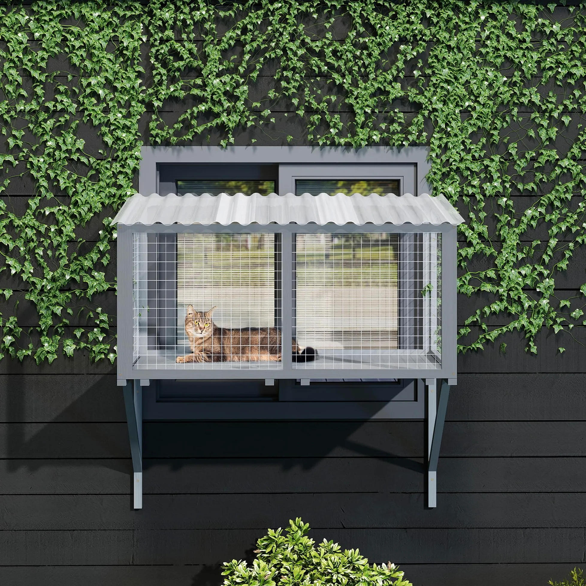 Catio - Finestra per gatti da esterni, in legno, resistente alle intemperie, con rete metallica zincata e tetto in PVC, grande piattaforma di osservazione per gatti, stabile a parete (grigio scuro)