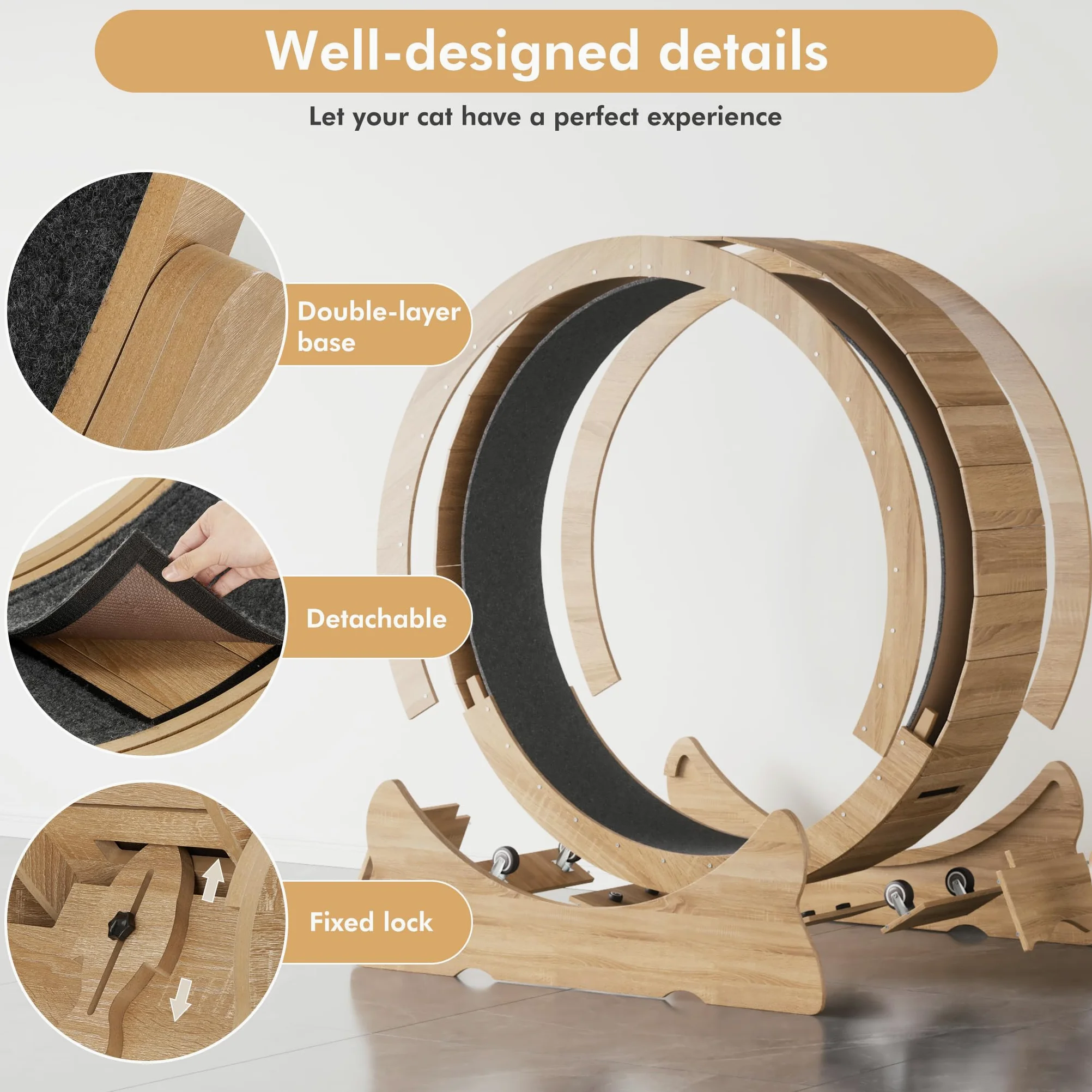Mondeer Ruota per gatti, 110 cm, XL, tapis roulant con tappeto rimovibile e teaser per gatti, per corsa, camminata e allenamento (legno naturale)