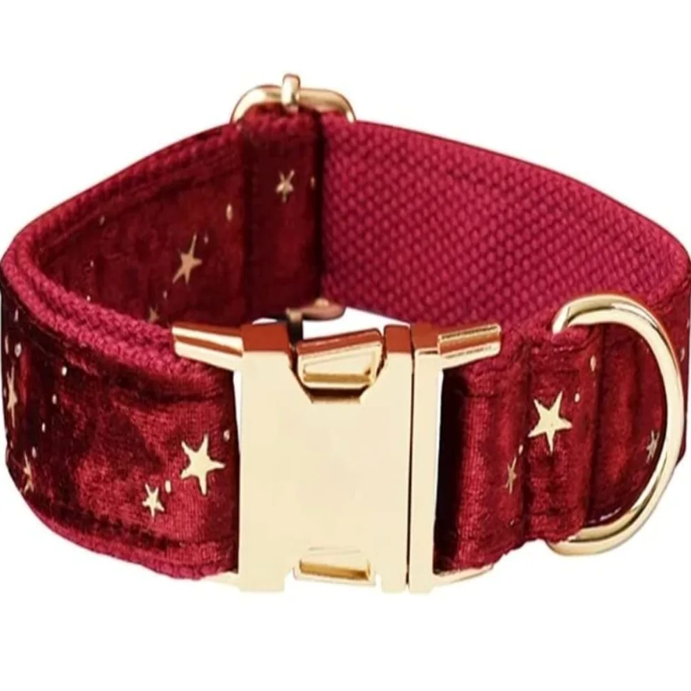 Morbido Guinzaglio Per Cani Collare Per Cani Personalizzato E Guinzaglio Per Animali Domestici In Velluto Rosso Natalizio Con Stelle Dorate Antiscivolo Flexi(27-41cm)
