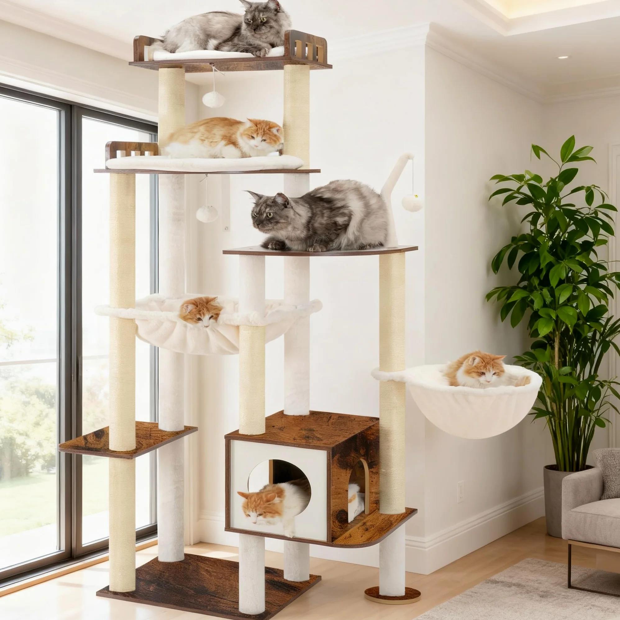 Heybly Tiragraffi per Gatti, Albero in Legno da 179 cm per Gatti Grandi, Struttura Ultra-Stabile, Arredo Moderno con Rivestimento in Sisal Totale, Condo e Amache, Marrone Vintage HCT121SR