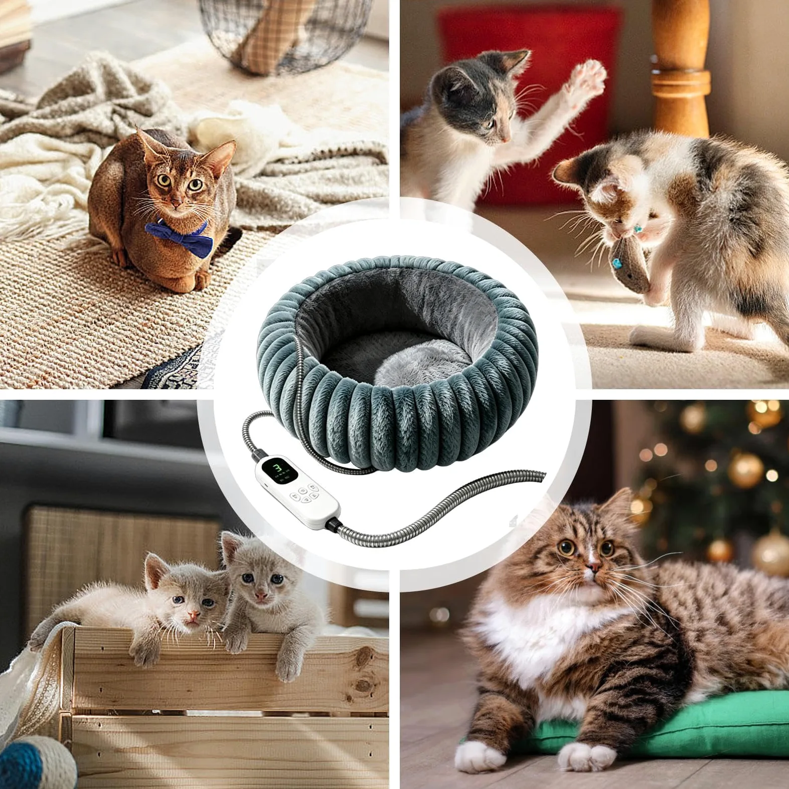 Cuscino riscaldante per gattino, 9 livelli, morbido peluche, calore regolabile, timer, | Cuccia rotonda per gatti per angolo, casa, esterni, tempo familiare, soggiorno, viaggio, pavimento, camera da letto, ufficio