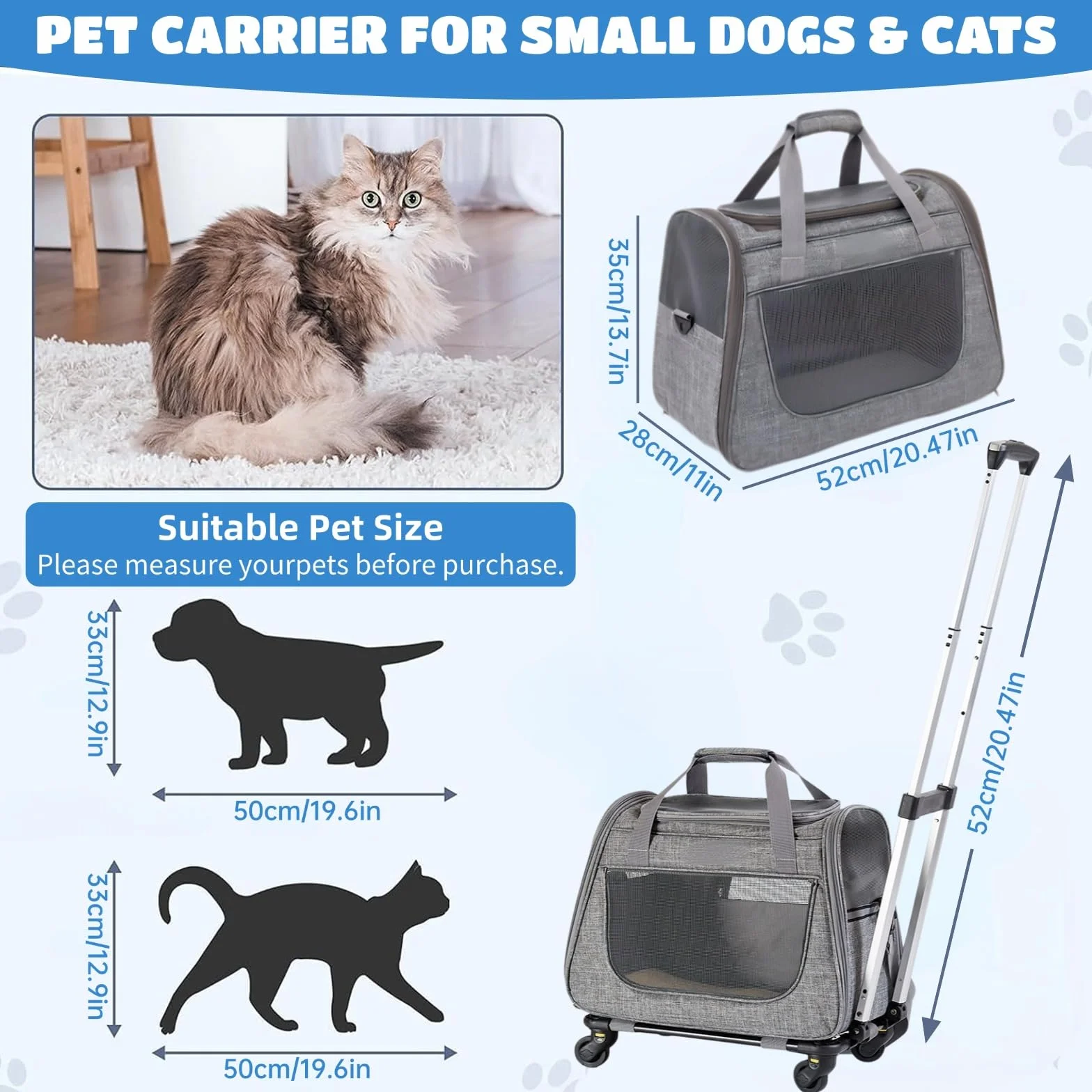 Trasportino per Gatti Cani con Ruote Trasportino per Cani Domestici su Ruote Trasportino da Viaggio per Animali Domestici 2 in 1 Trolley per Gatti con manico e tracolla