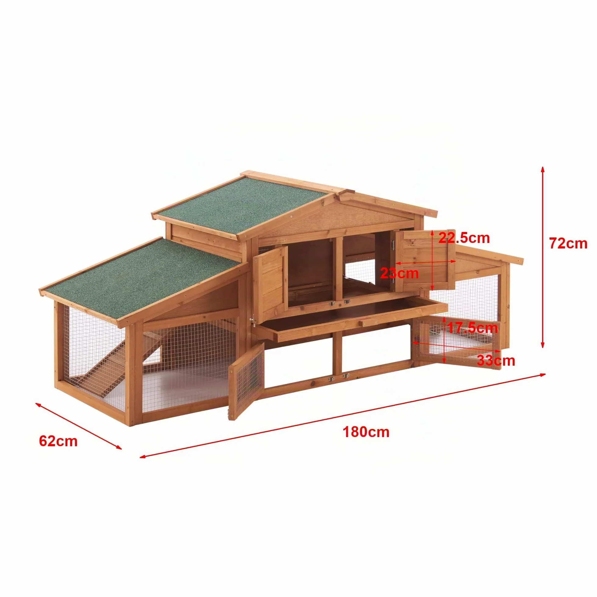 Conigliera Coperta con Tettuccio Impermeabile (AxLxP) 72 x 180 x 62 cm Gabbia con Casetta e Area Recintata, Struttura in Legno, Uso Esterno