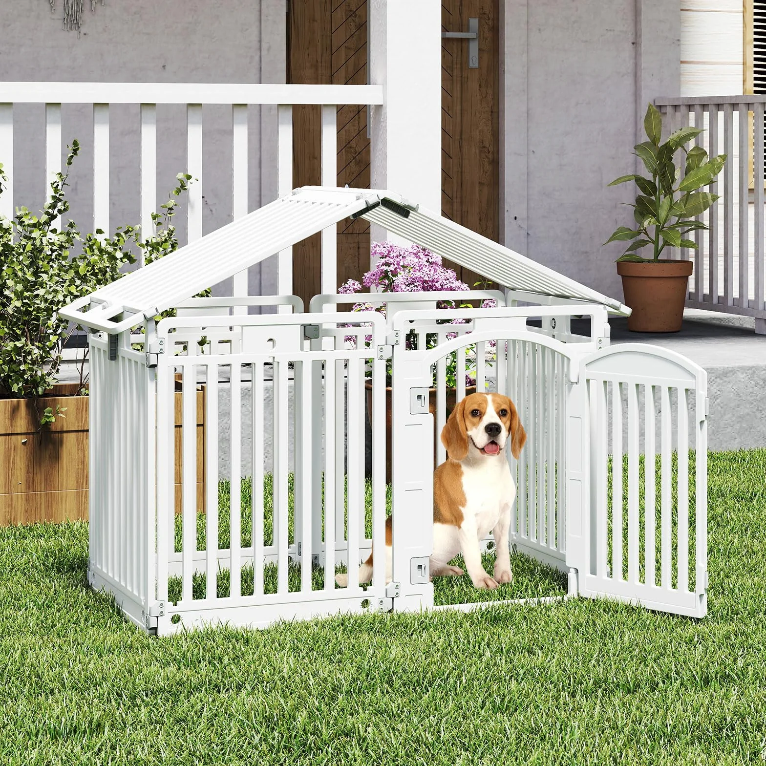 COSTWAY Pannello in Plastica per Cani a 8 Pannelli, Recinzione Portatile per Animali Domestici, Cancello Pieghevole con Porta di Sicurezza con Serratura per Cani, Recinto Pieghevole, 192 x 65 x 80 cm