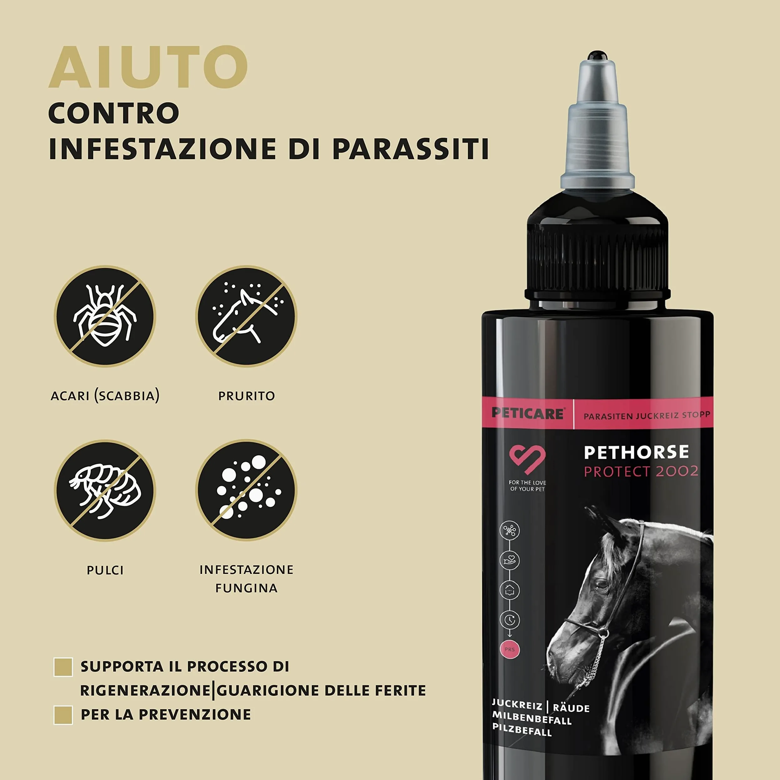 Peticare Lozione Acari Cavalli – Scudo Sollievo Immediato Prurito e Funghi – Senza Insetticidi – con Olio di Cocco e Camomilla – Cura Antiparassitaria