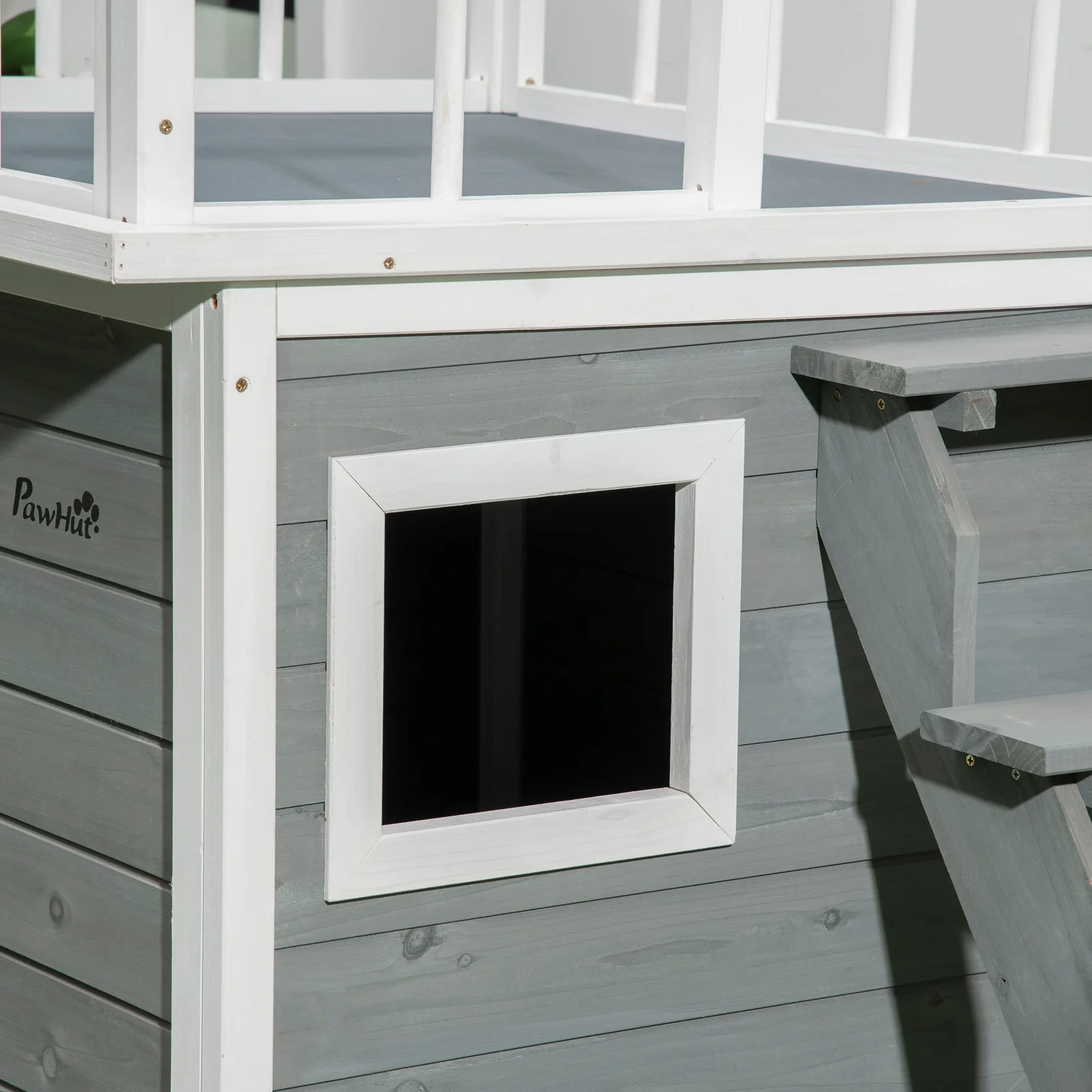 Pawhut Casetta per Cani di Piccola e Media Taglia con Terrazza, Scaletta e Finestra,121x77x78cm, Grigio chiaro