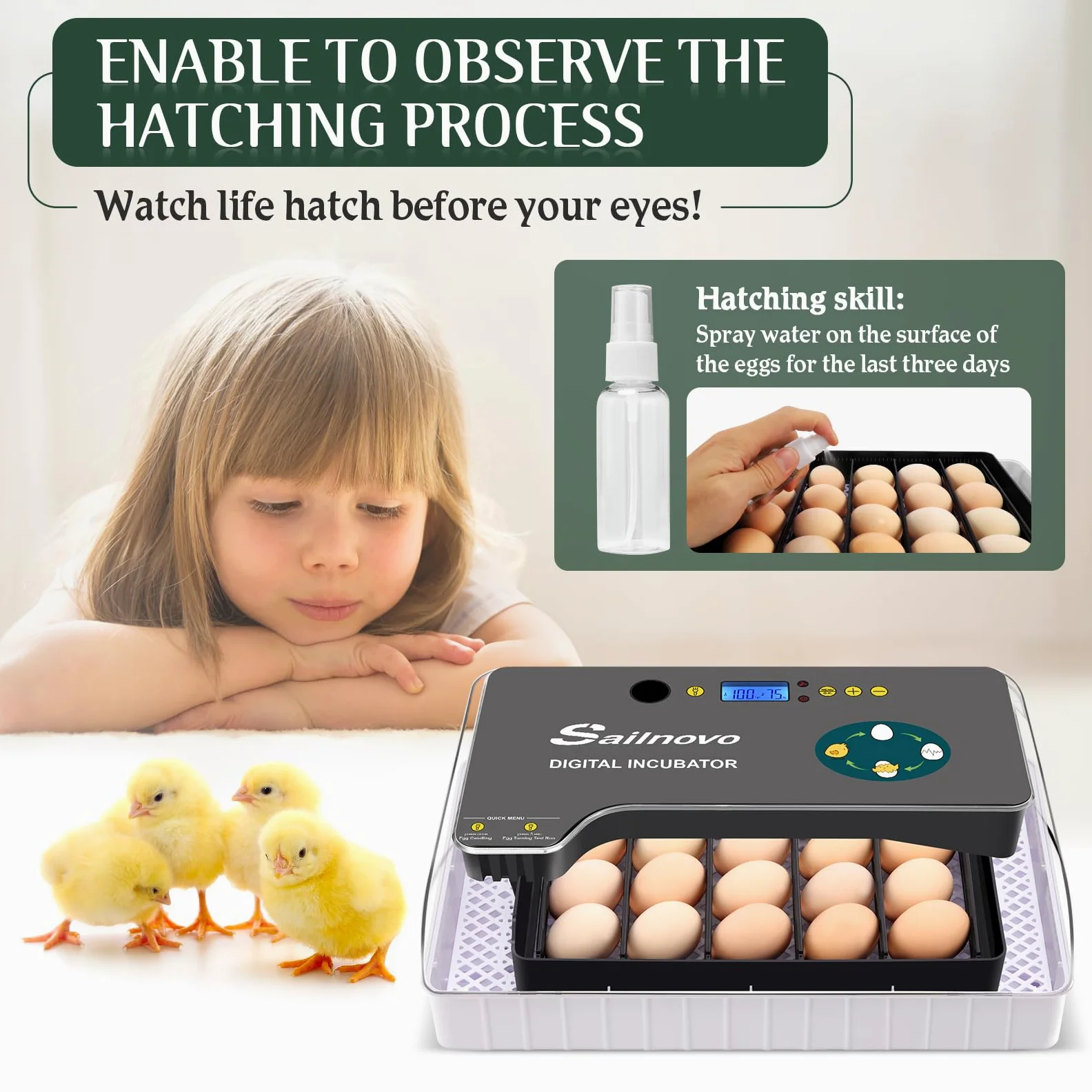 Sailnovo Sailvono 20 Incubateur entièrement automatique, avec ajout d'eau externe, contrôle de la température, éclairage LED, retournement automatique des œufs, de poules - Noir