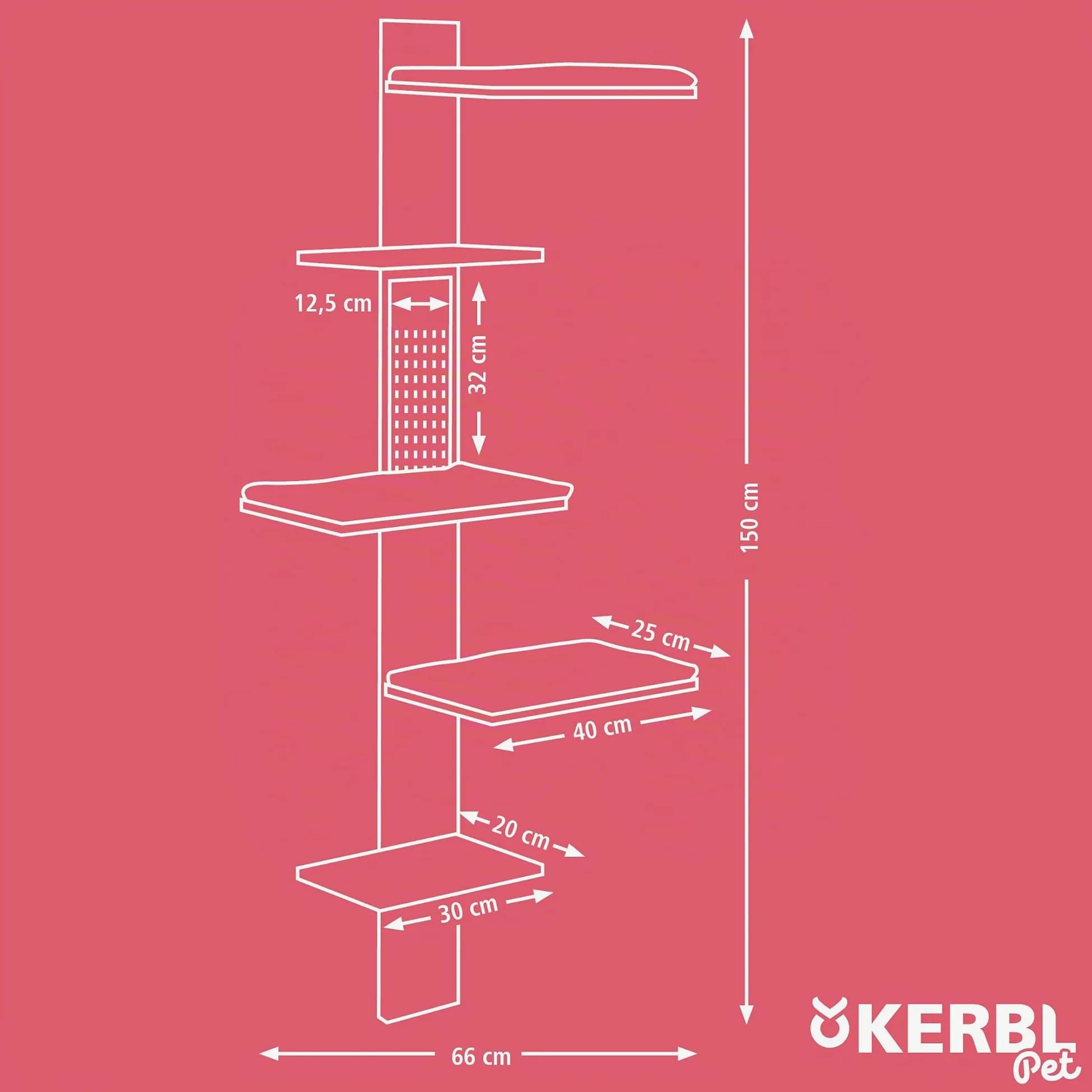 Kerbl Pet albero tiragraffi da parete Timber, 150 cm, legno massiccio, salvaspazio, cuscini in peluche rimovibili, tavola in sisal per la cura degli artigli, per gatti fino a 4,5 kg