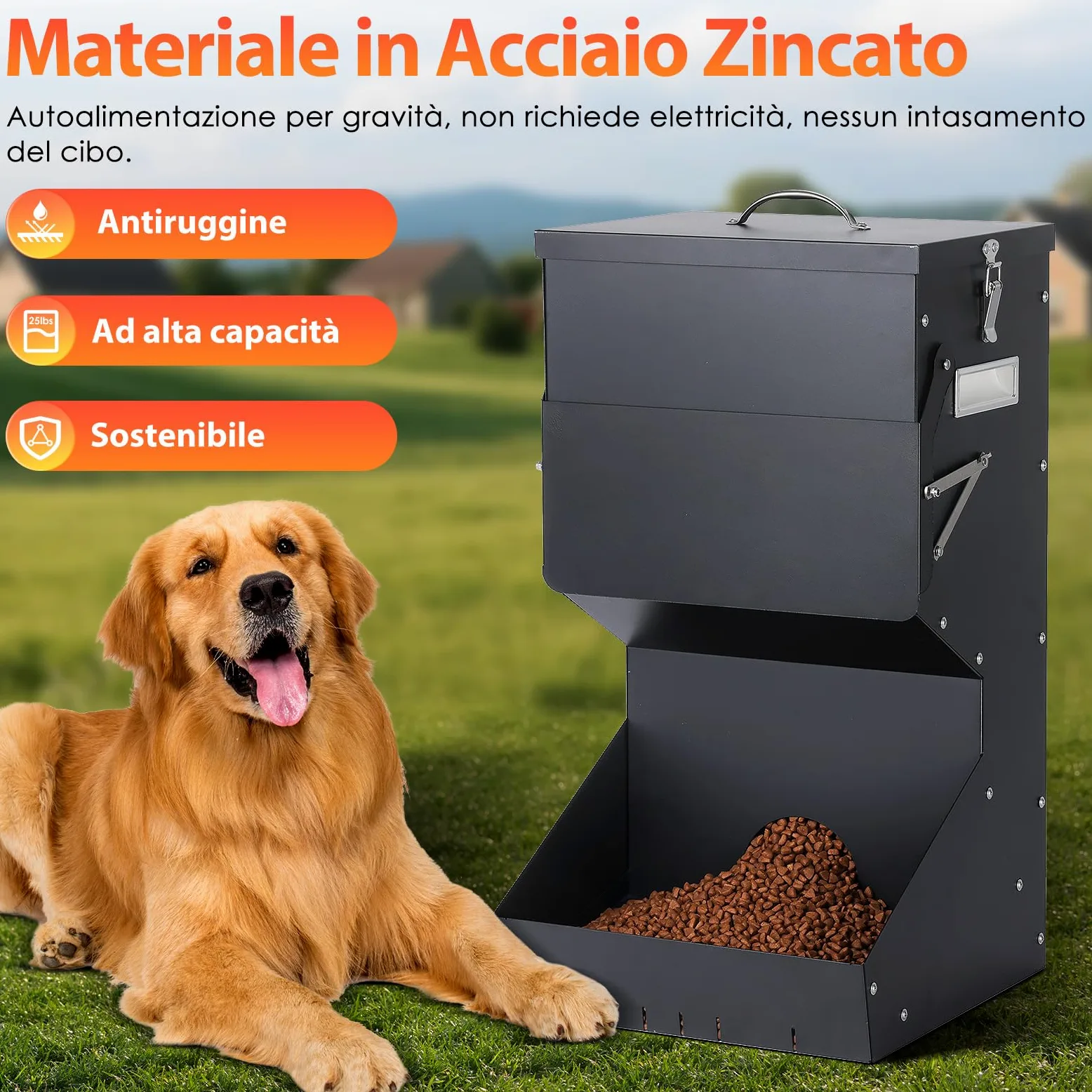 Alimentazione Automatica per Cani all'aperto appeso cibo per animali domestici di razza grande 11kg, mangiatoia automatica per cani in metallo auto-alimentazione cibo per cani