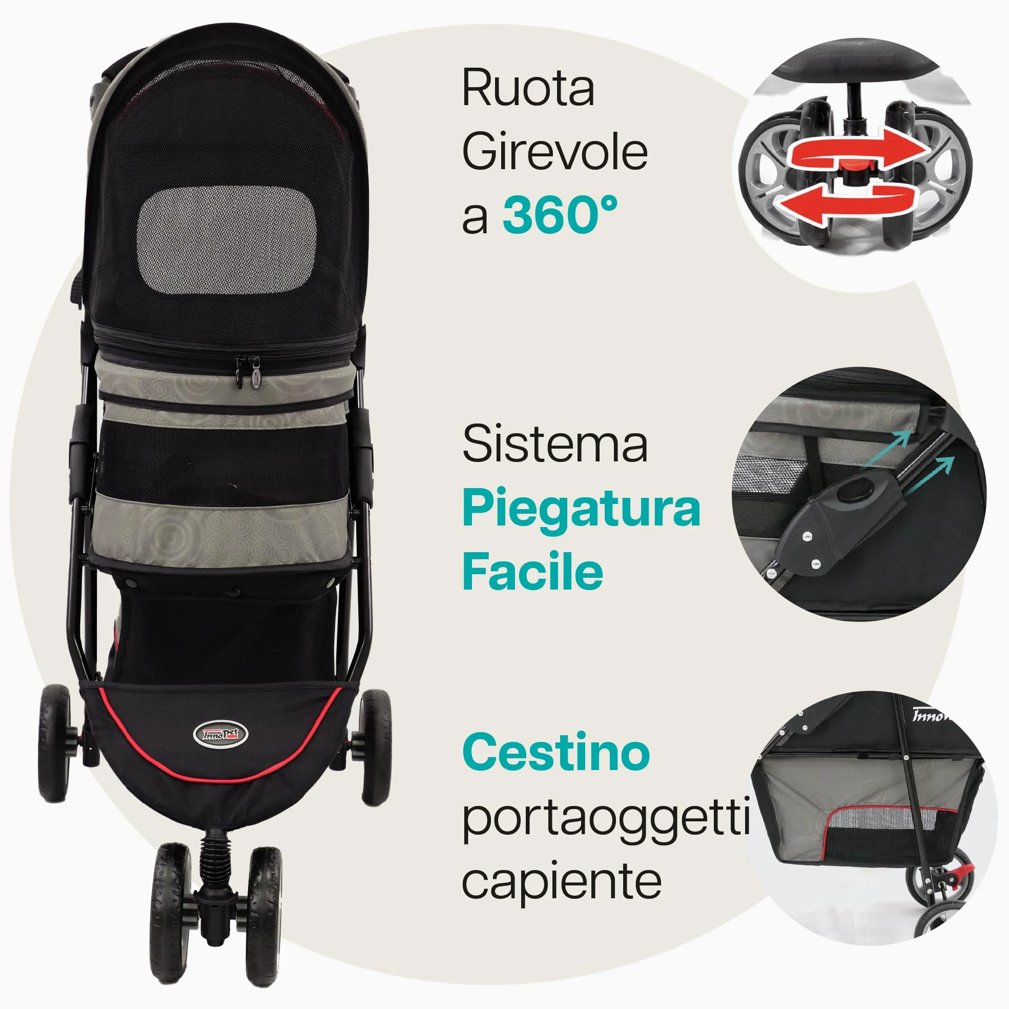 Passeggino leggero Innopet Avenue per cani e gatti, grigio/rosso - Passeggino urbano compatto per animali domestici con copertura antipioggia, cinture di sicurezza e cestino portaoggetti