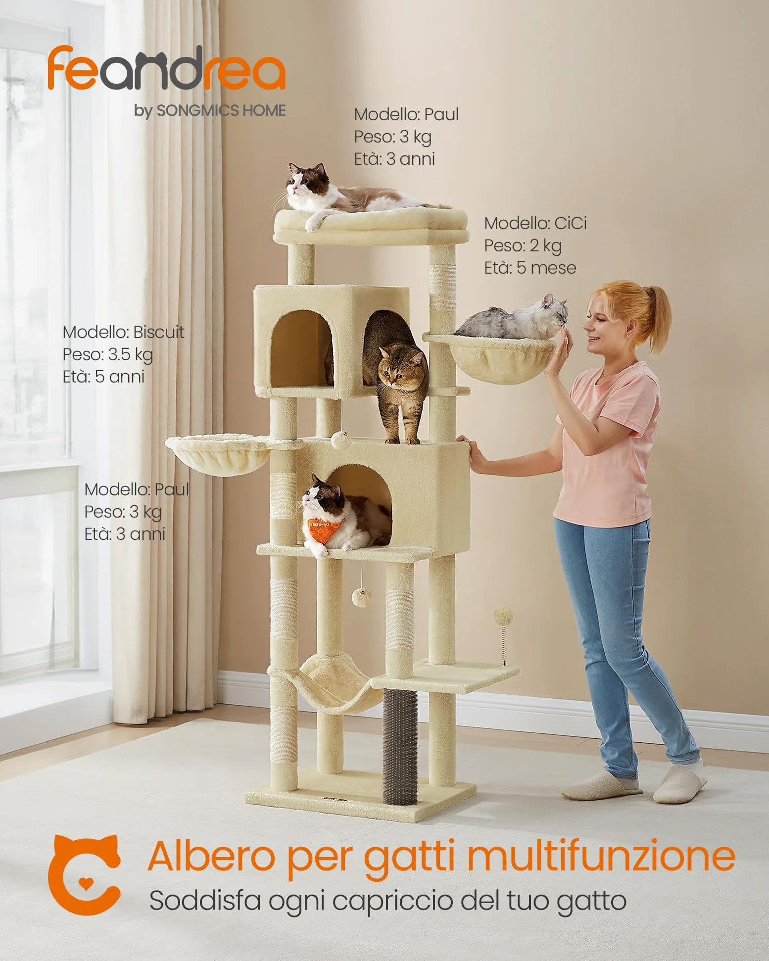Feandrea Albero per Gatti Grande, Torre Tiragraffi Alto 175 cm, Multilivelli con 2 Grotte, 2 Cestini, 5 Graffiatoi, Autospazzola, Trespolo, Amaca, Beige Sabbia PCT182Y01