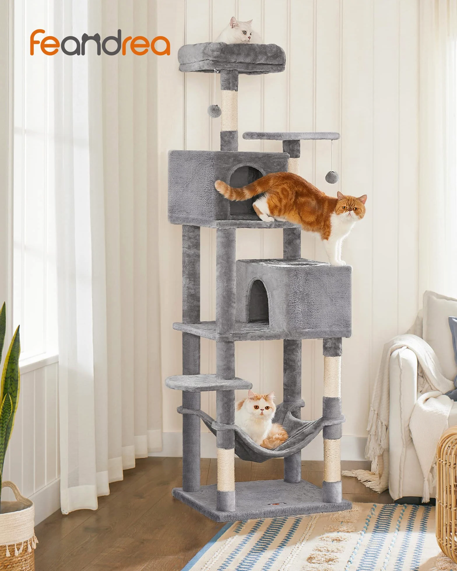 Feandrea Albero per Gatti Alto 191 cm, Tiragraffi per Gatti con 5 Pali Graffiatoi, 2 Posatoi, 2 Grotte, Amaca, 2 Pompon, in Peluche a Più Livelli, Grigio Chiaro PCT191W01