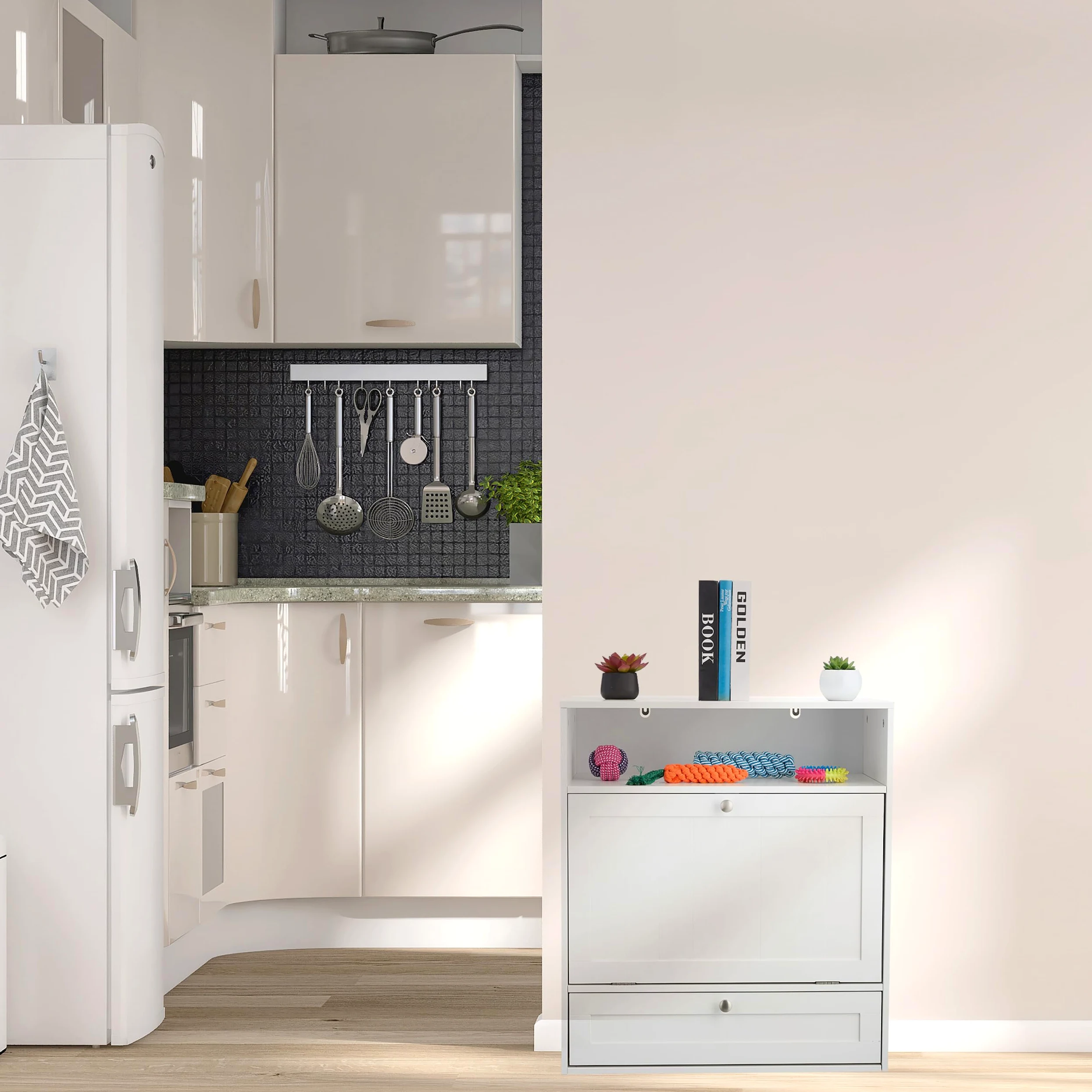 Relaxdays Ciotole Rialzate per Cani con Armadietto, Cassetto con 2 Scodelle e Ribaltina, HxLxP: 68x60x33 cm, MDF, Bianco
