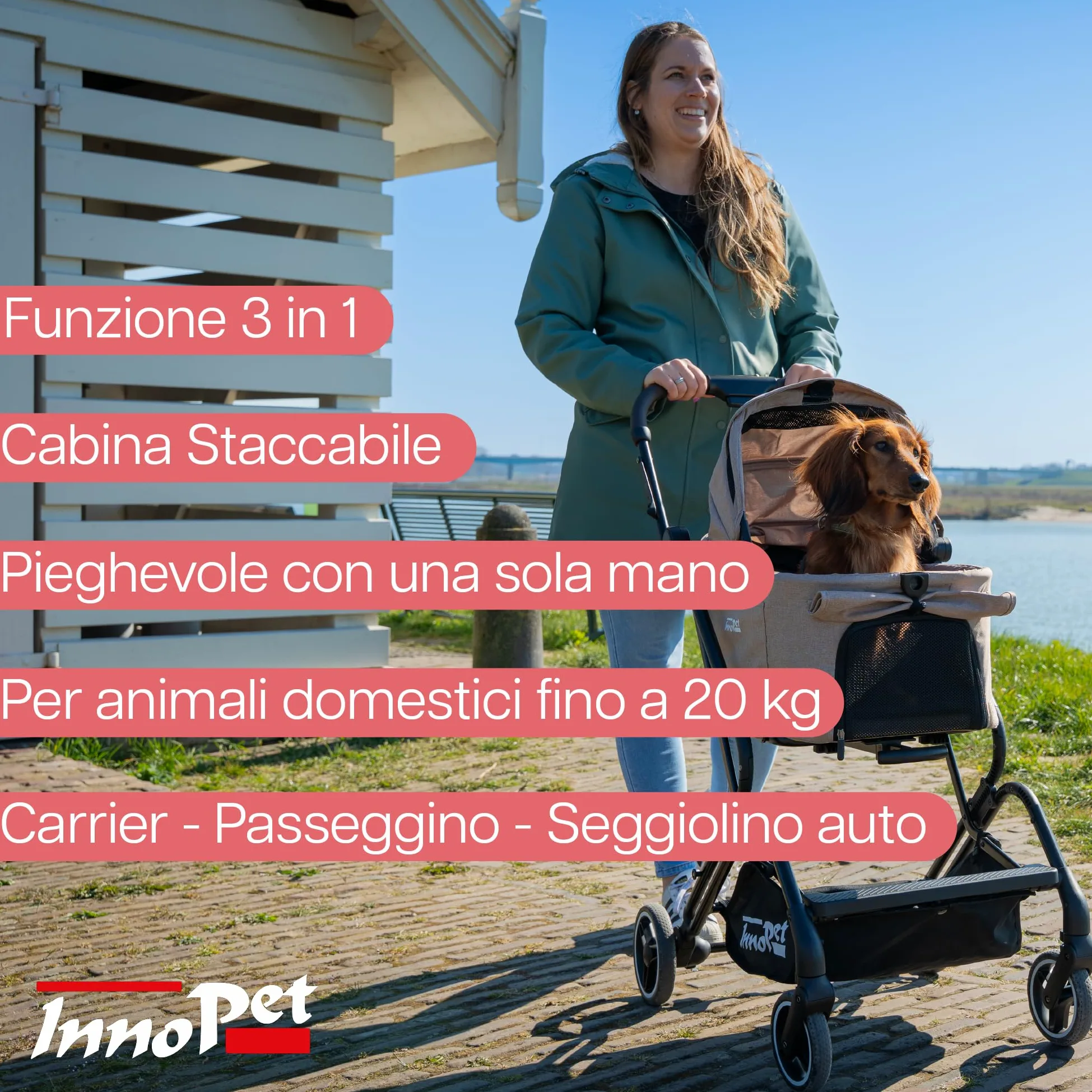 Passeggino compatto per animali Innopet Nomad - Passeggino pieghevole e leggero per cani e gatti fino a 20 kg - Trasportino per animali, seggiolino auto e passeggino 3in1