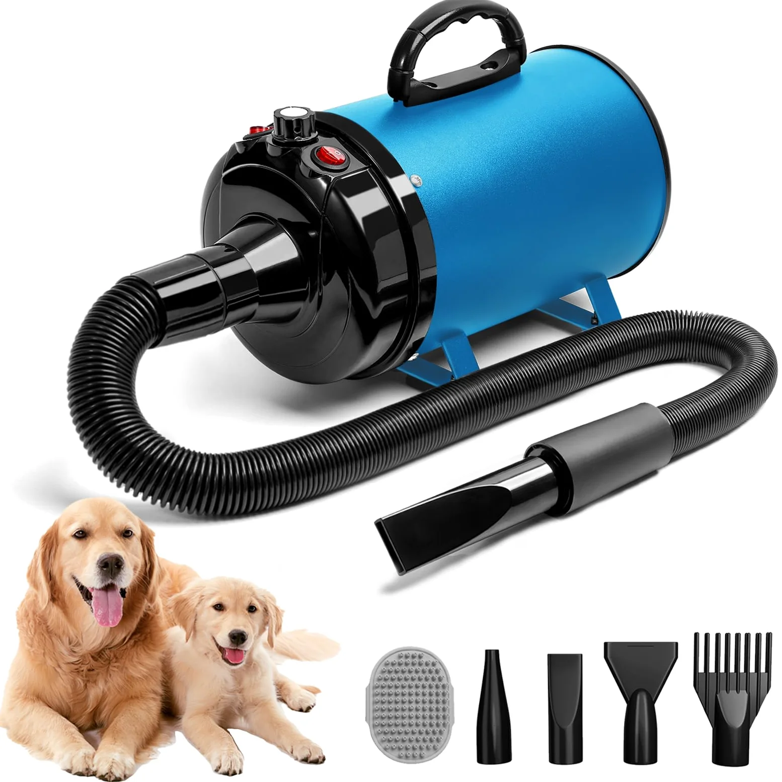 Soffiatore per Cani Blower Molto Silenzioso, 5,2 CV/3800 W, Velocità Regolabile, Ventilatore per la Cura Del Cane con 4 Diversi Ugelli, Tubo Elastico