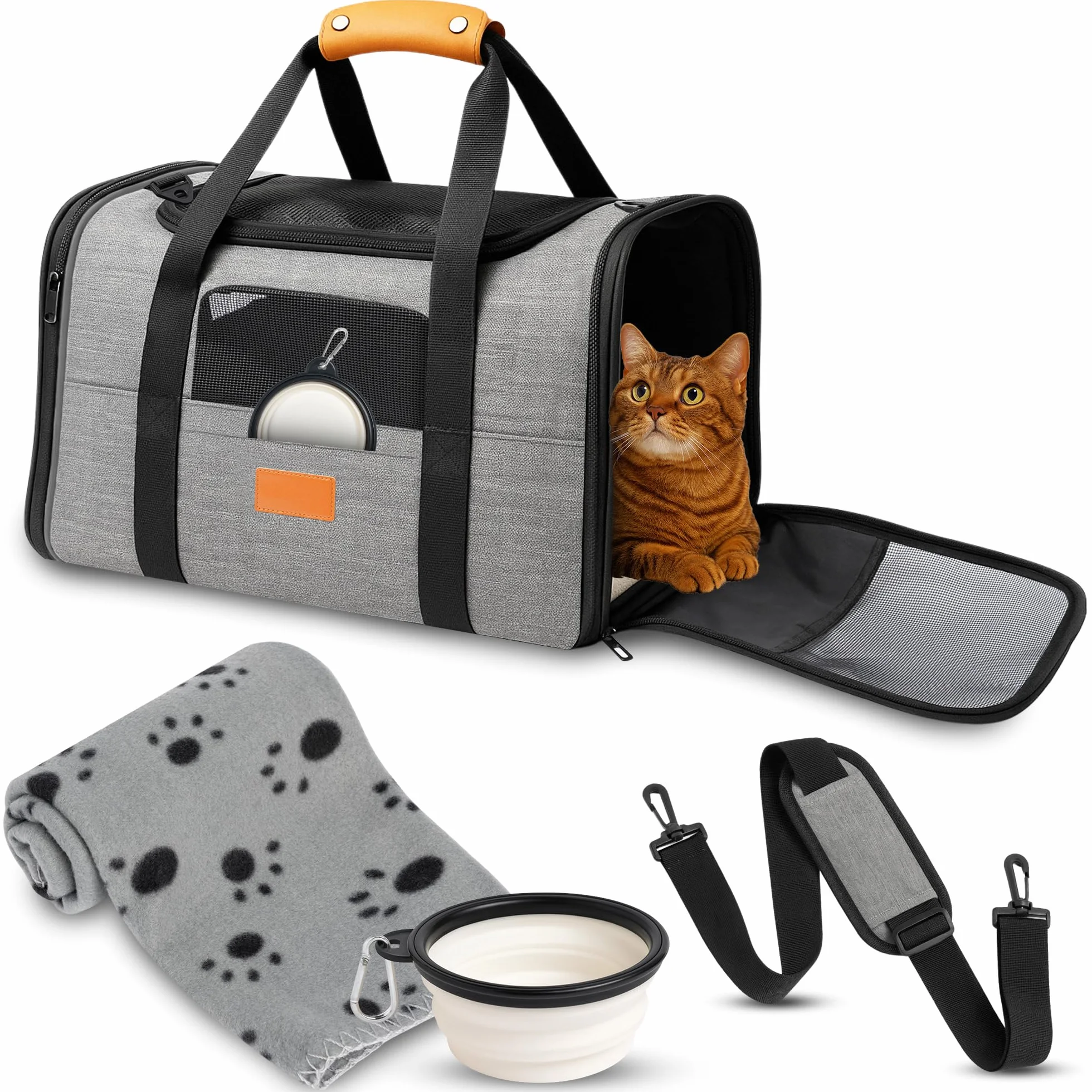 Trasportino Gatto e Cane - Trasportino per Cani di Piccola Taglia e Gatti che include ciotola pieghevole, coperta, tracolla e base imbottita - Borsa Omologato per l’aereo e l’auto.