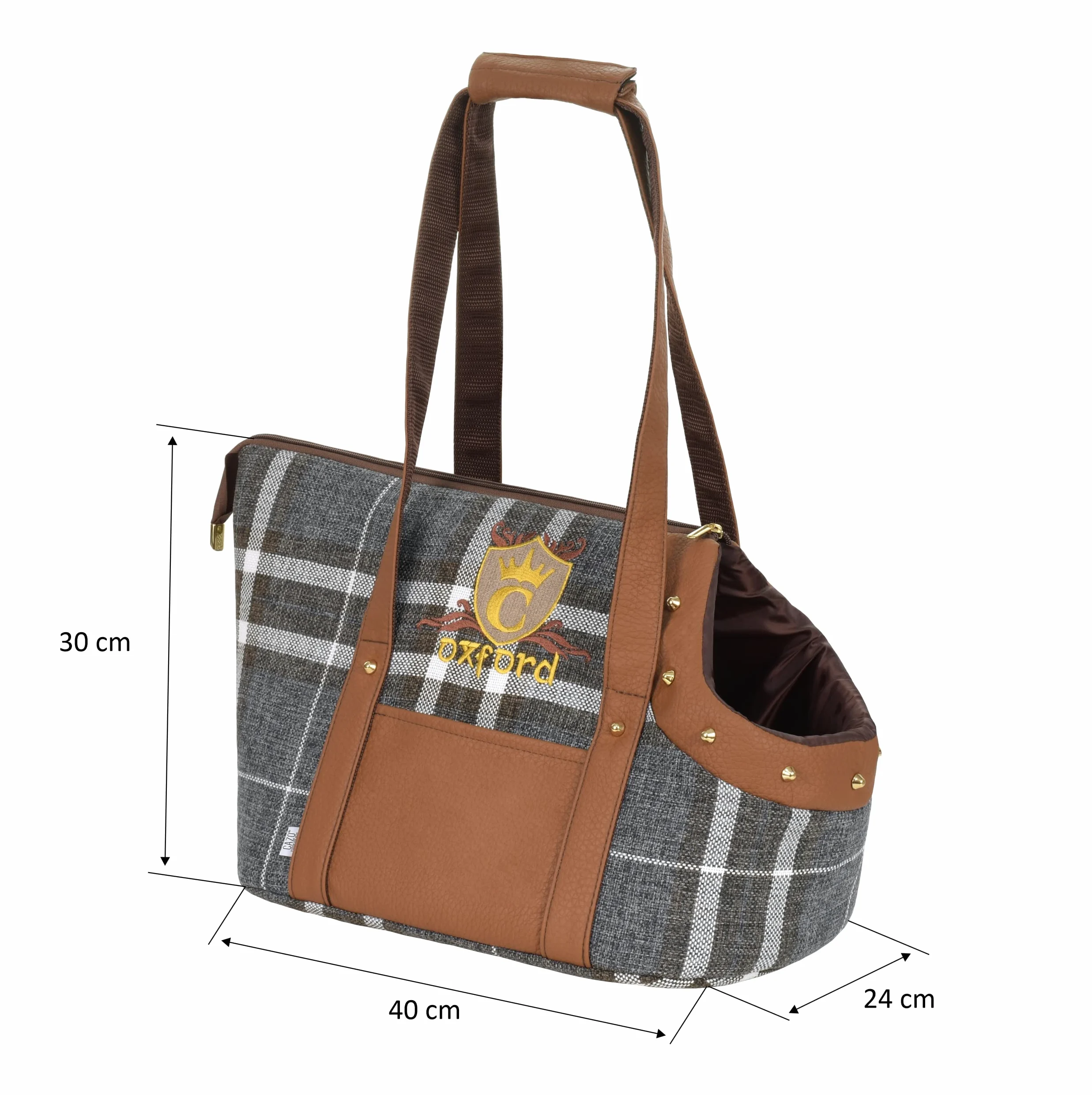 CAZO Oxford Borsa per il trasporto di cani e gatti 30 x 40 x 24 cm, marrone, scozzese, LXD1001