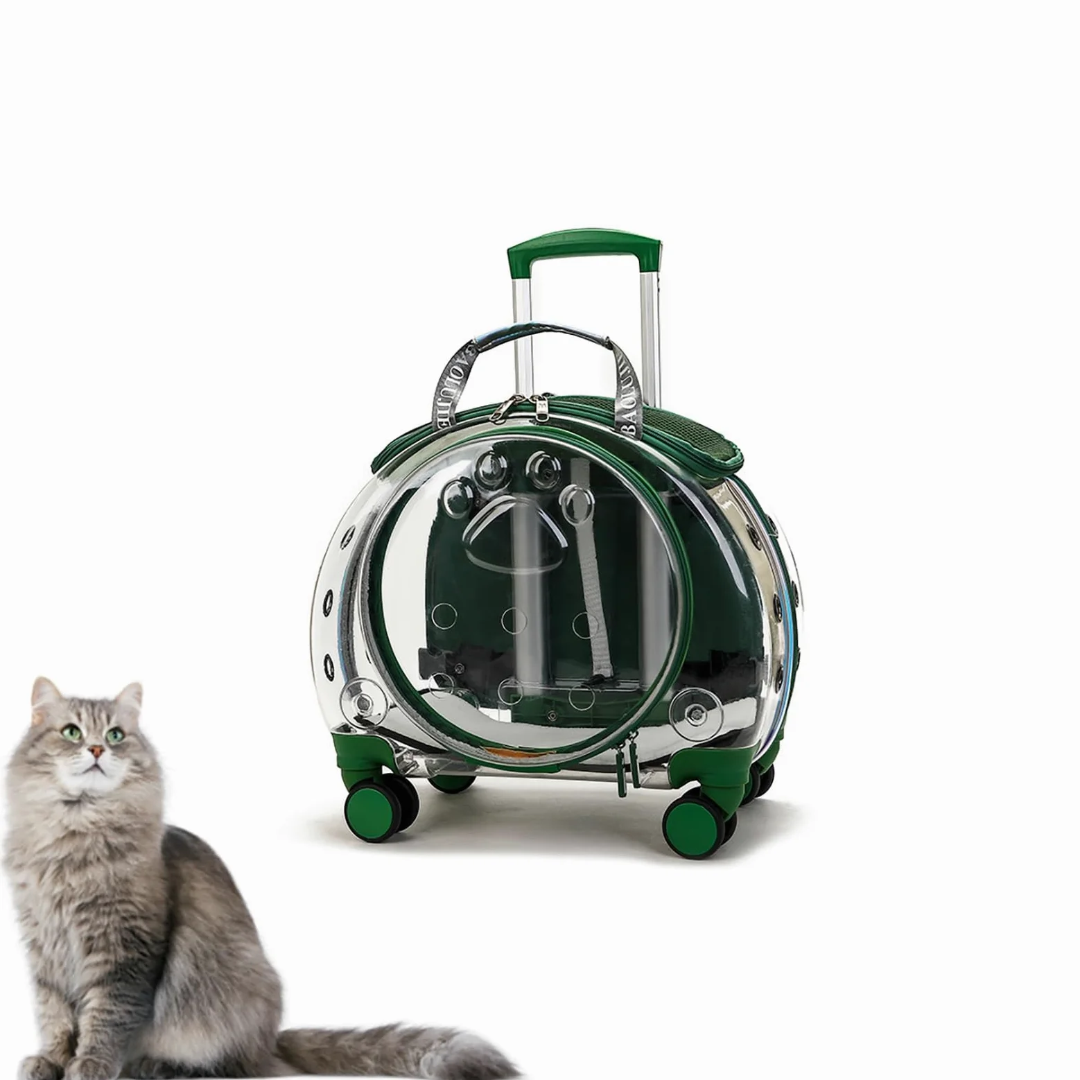 Trasportino per Gatti con Ruote – Zaino Trolley Rigido Trasparente e Traspirante per Gatti e Cani fino a 10 kg, Ruote Silenziose a 360°, Spallacci Rimovibili e Schienale Ventilato(Green)