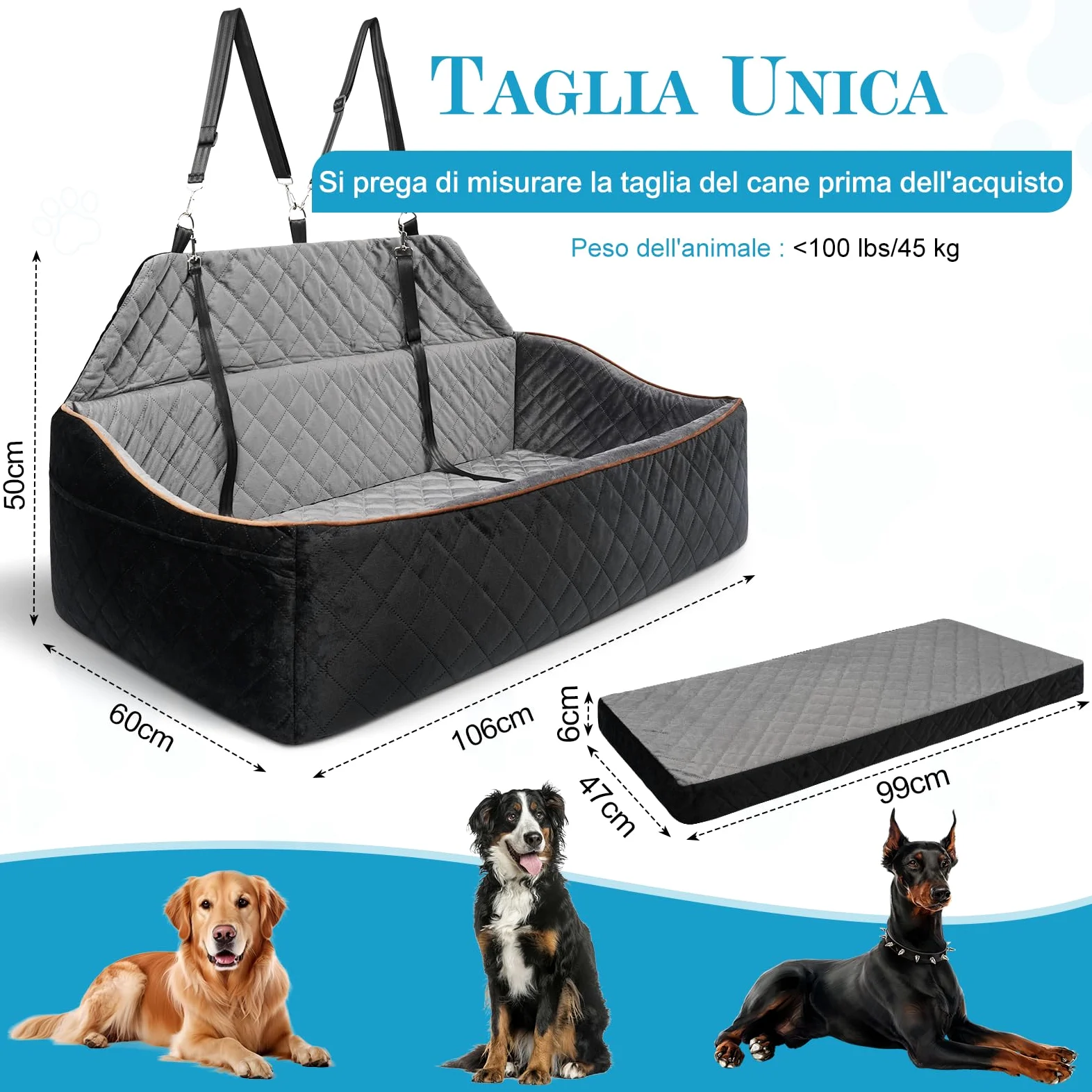 Seggiolino Auto per Cani per Cani Grandi/Medi fino a 45 kg - Seggiolino Auto Cane Rimovibile e Lavabile, Trasportabile con Guinzaglio e Base Antiscivolo per Sedile Posteriore