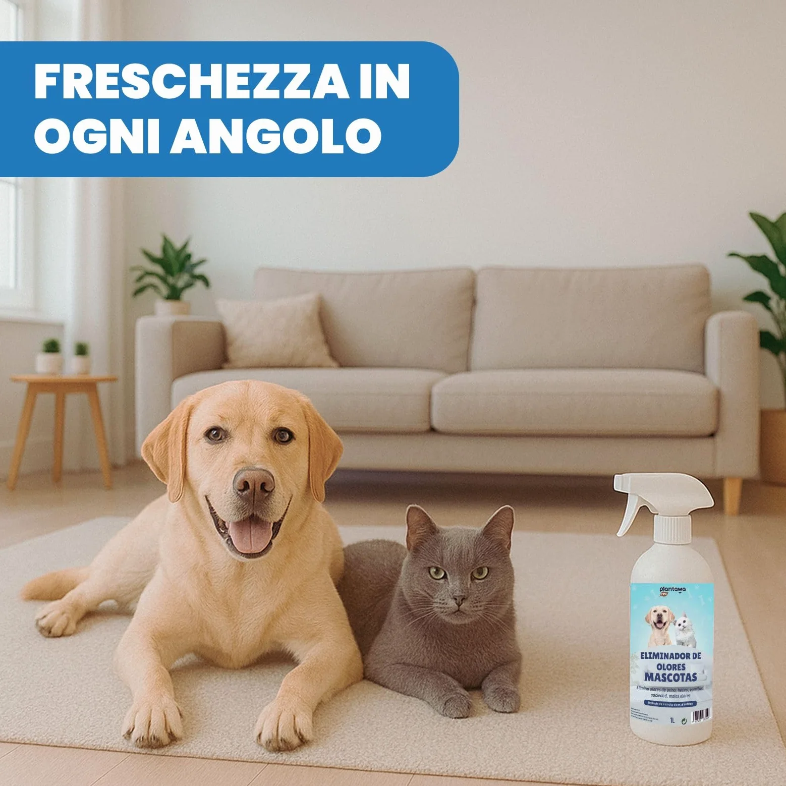PLANTAWA Eliminatore di Odori di Animali Domestici Spray 1L | Eliminare Odore pipì Cane | Detergente Enzimatico urina Gatto, feci e Vomito | Repellente Naturale | Sicuro per Varie superfici e Tessuti