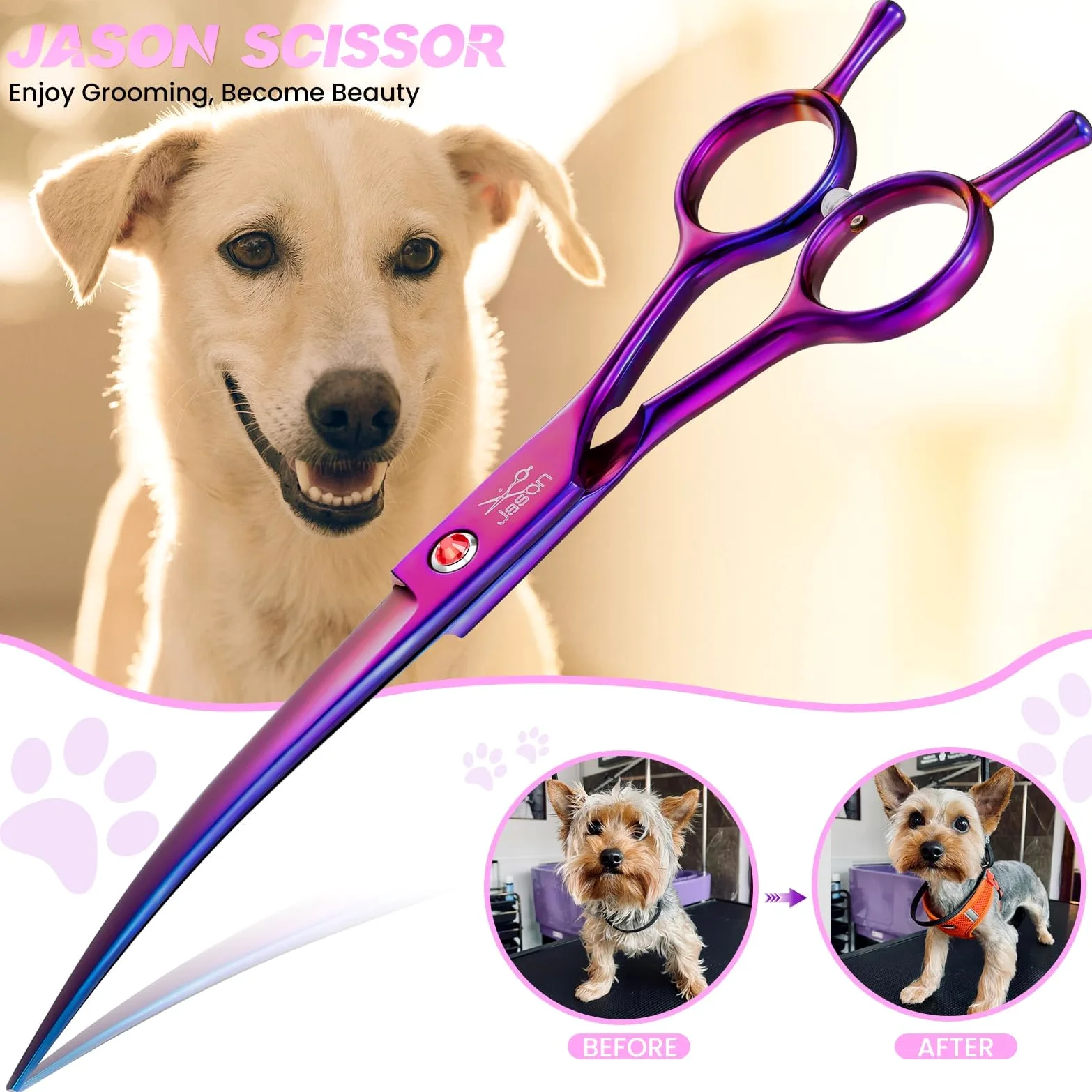 JASON Forbici professionali curve per cani - Forbici per cani da toelettatura da 7,5" Forbici per animali domestici per la toelettatura di cani e gatti (curve verso il basso, viola)