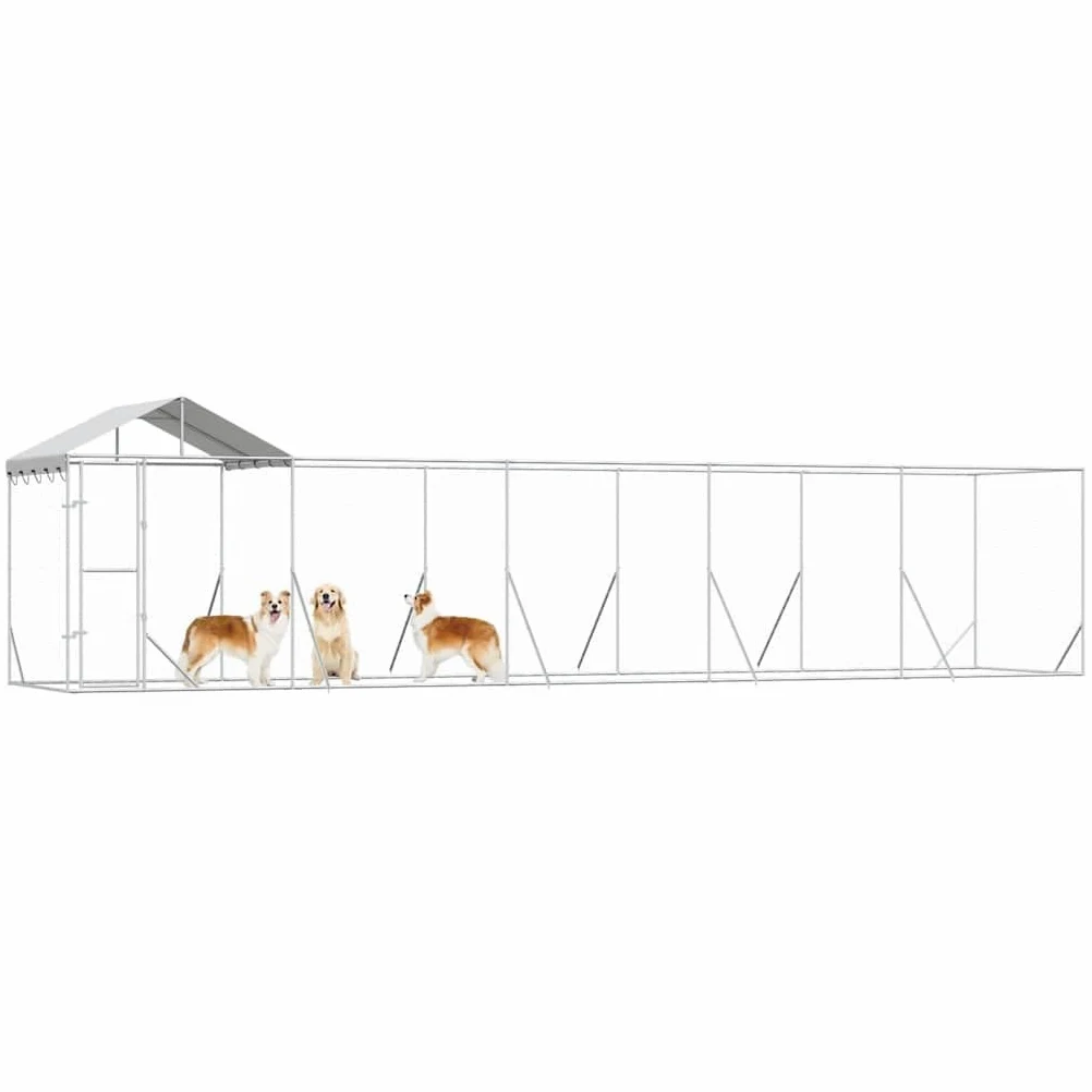 Cuccia esterna in acciaio zincato argento, 10 x 2 x 2,5 m | Con tettuccio impermeabile, porta con serratura, rete ventilata, per cani e piccoli animali