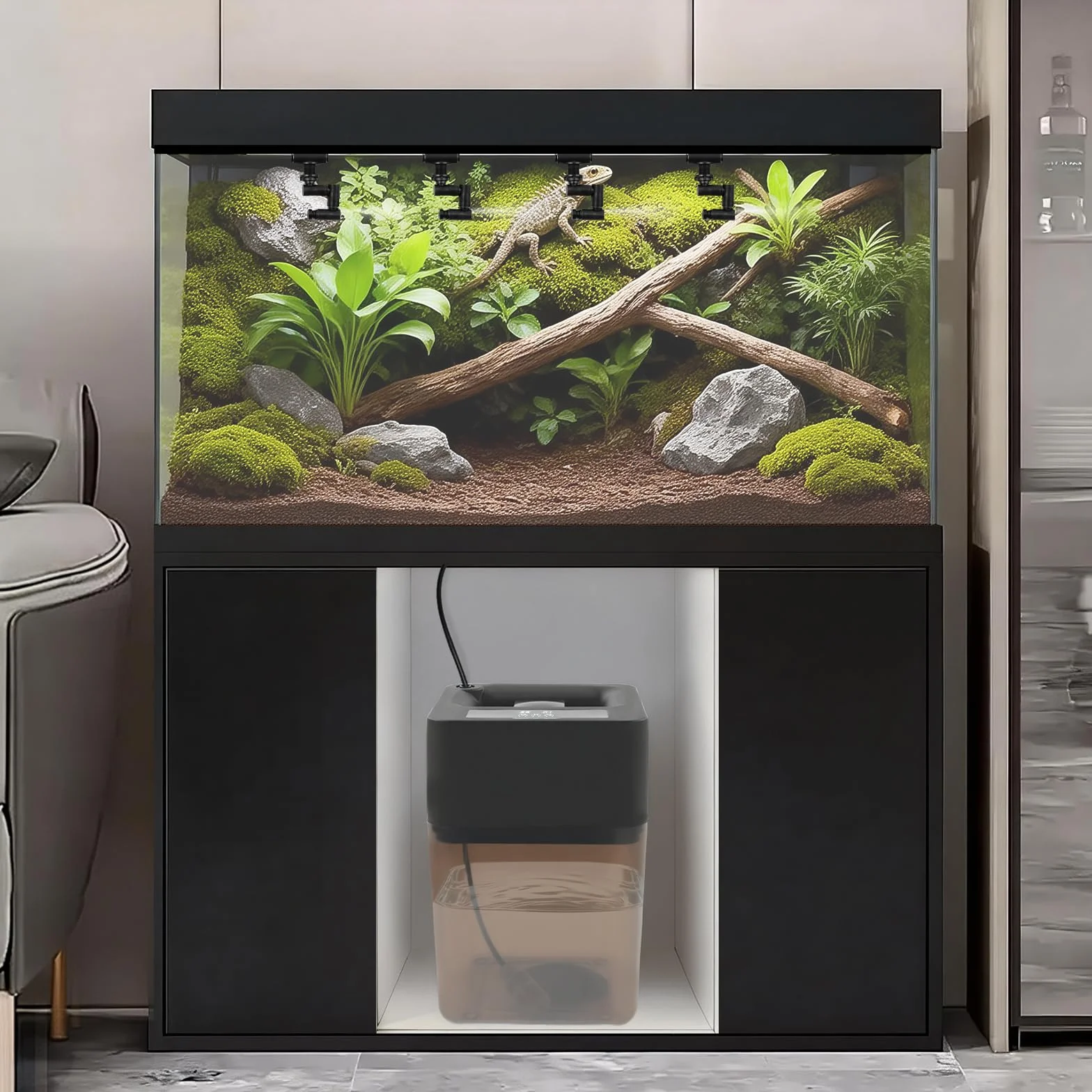Impianto di irrigazione terrario, nebulizzatore terrario con 4 ugelli, serbatoio acqua da 12 l, 5 – 60 secondi, umidificatore a 360° per rettili anfibi piante