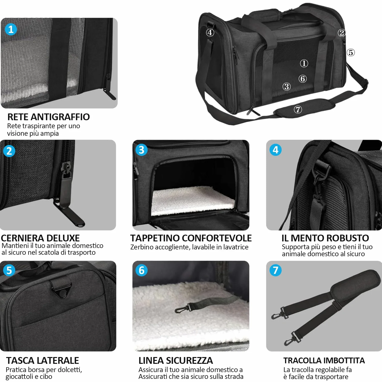 Trasportino per Cani e Gatti, Gabbietta per Animali Domestici, Tappetino Lavabile Rimovibile, con Tracolla per il Trasporto, Borsa Ripiegabile Viaggio Sull' Aereo (Nero)L 43 x B 28 x H 28 cm