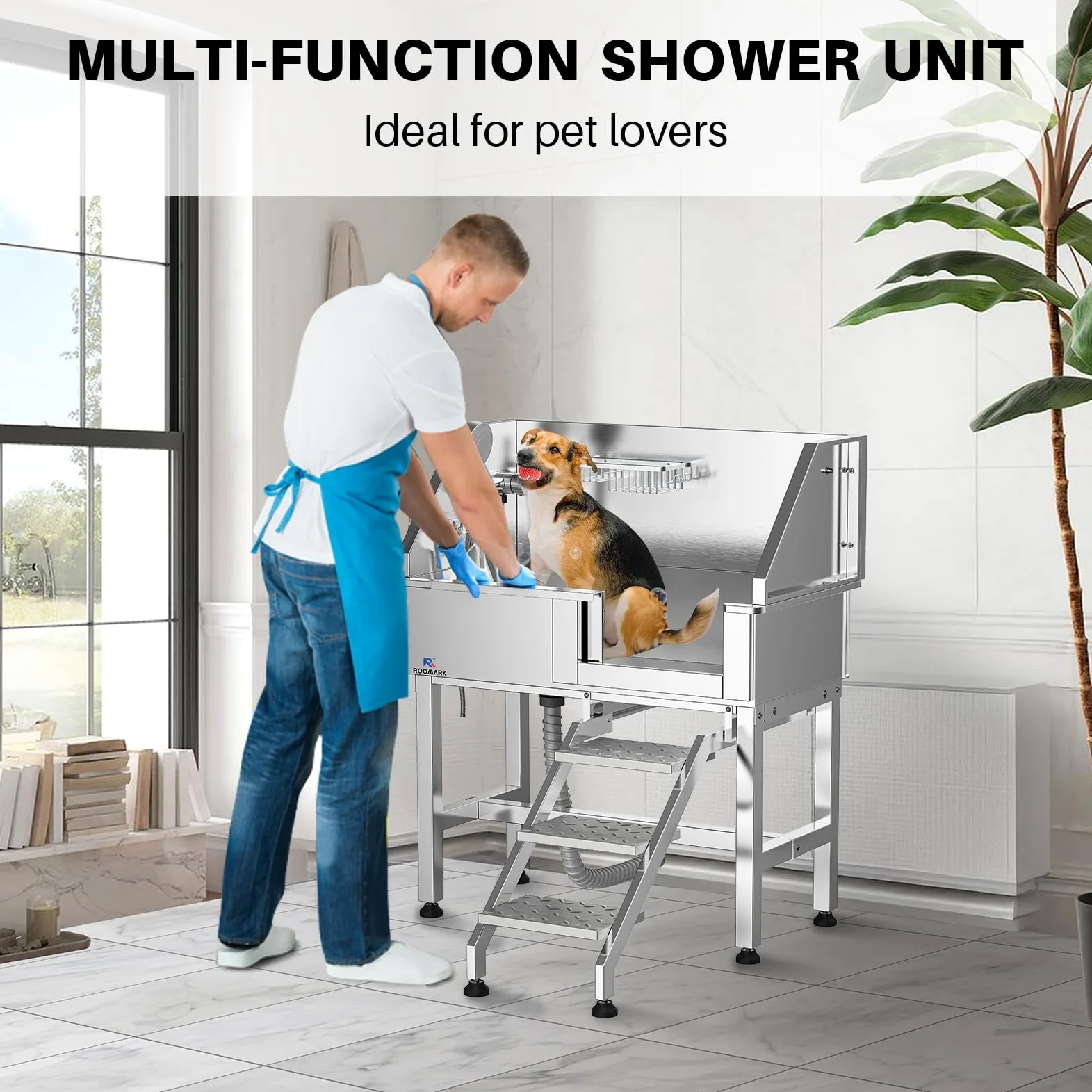 Vasca Lavaggio Cani Professionale, Bacinella Grande per Cani con Scale, Soffione, Porta Scorrevole, Capacità di Carico 50KG, Vasca da Bagno per Animali Medi & Piccoli (Porta Sinistra)