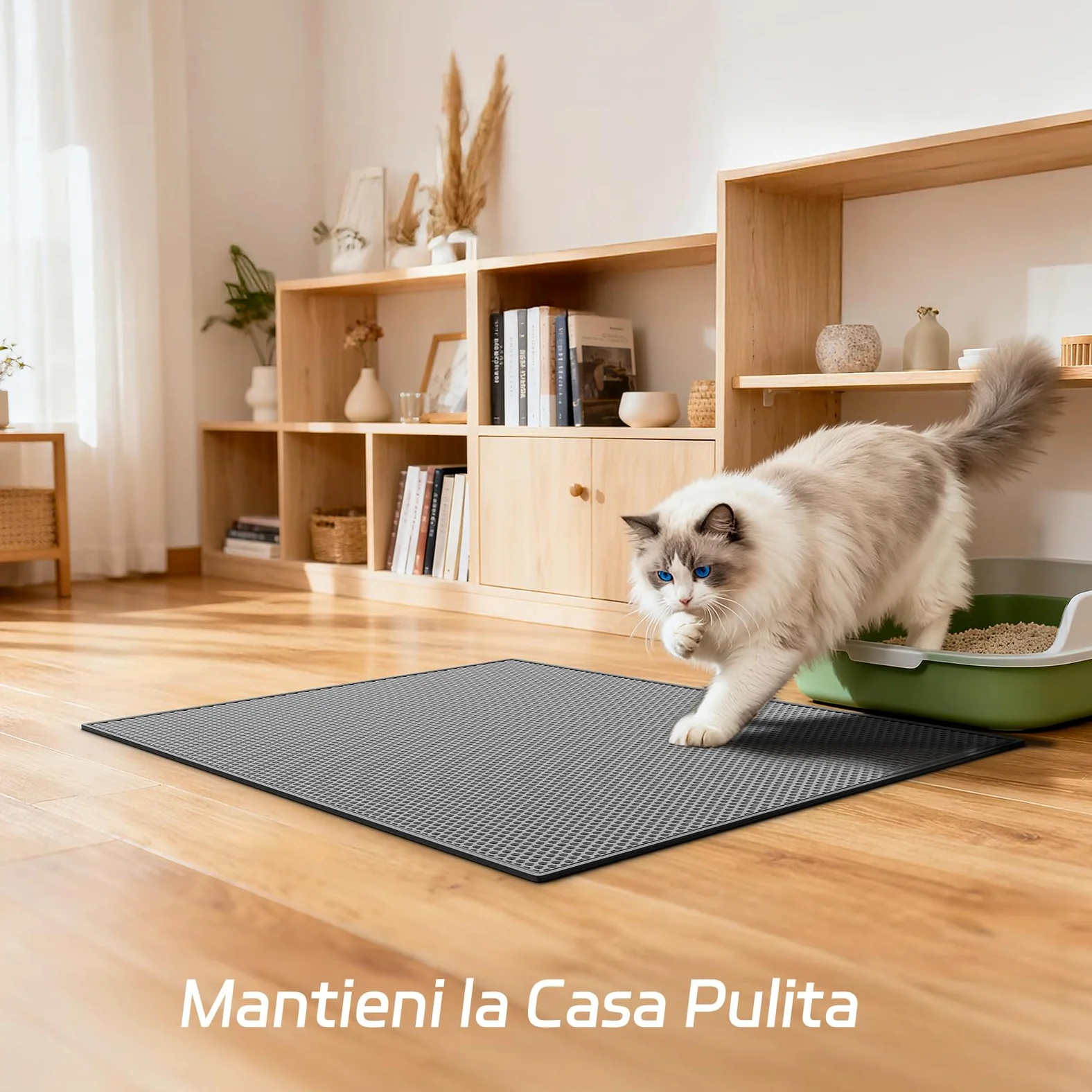 Garoopion Tappetino Lettiera Gatto, Taglia Grande 76x61cm Tappeto Lettiera Gatto, Eva Impermeabile Doppio Strato a Nido d'Ape, Grigio, Un Lato Collegato